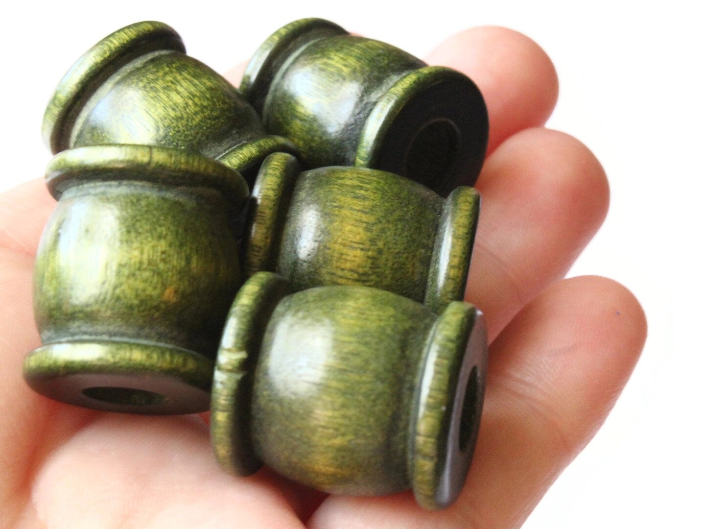 5 22mm Green Wooden Drum Beads Vintage Wood Large Hole Beads