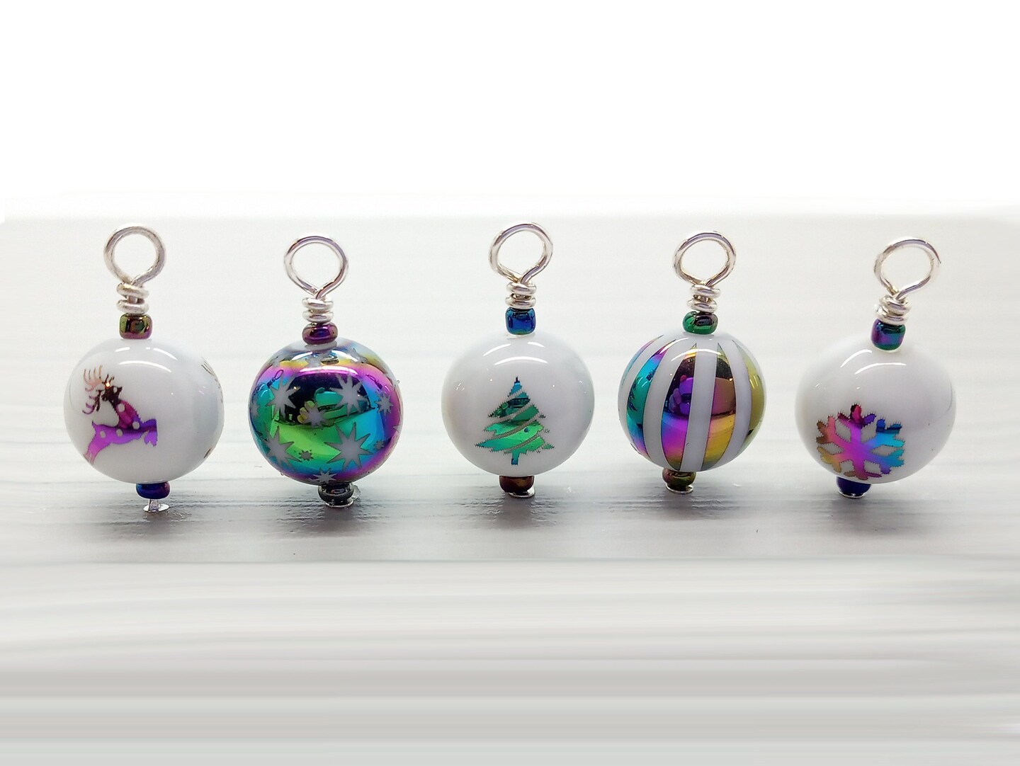 Colorful Christmas Bead Charms, Rainbow Holiday Dangles