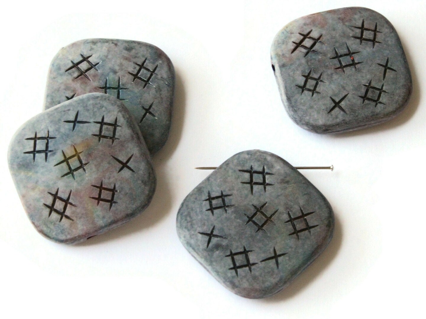 4 31mm Black Vintage Plastic Flat Square Beads - Tic Tac Toe Beads