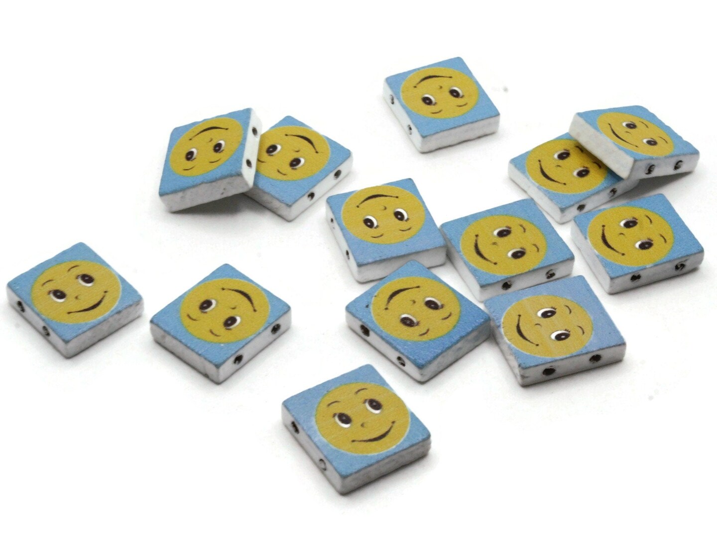 15 20mm Blue and Yellow Rectangle Wooden Happy Face Beads - Two Hole Emoji Beads