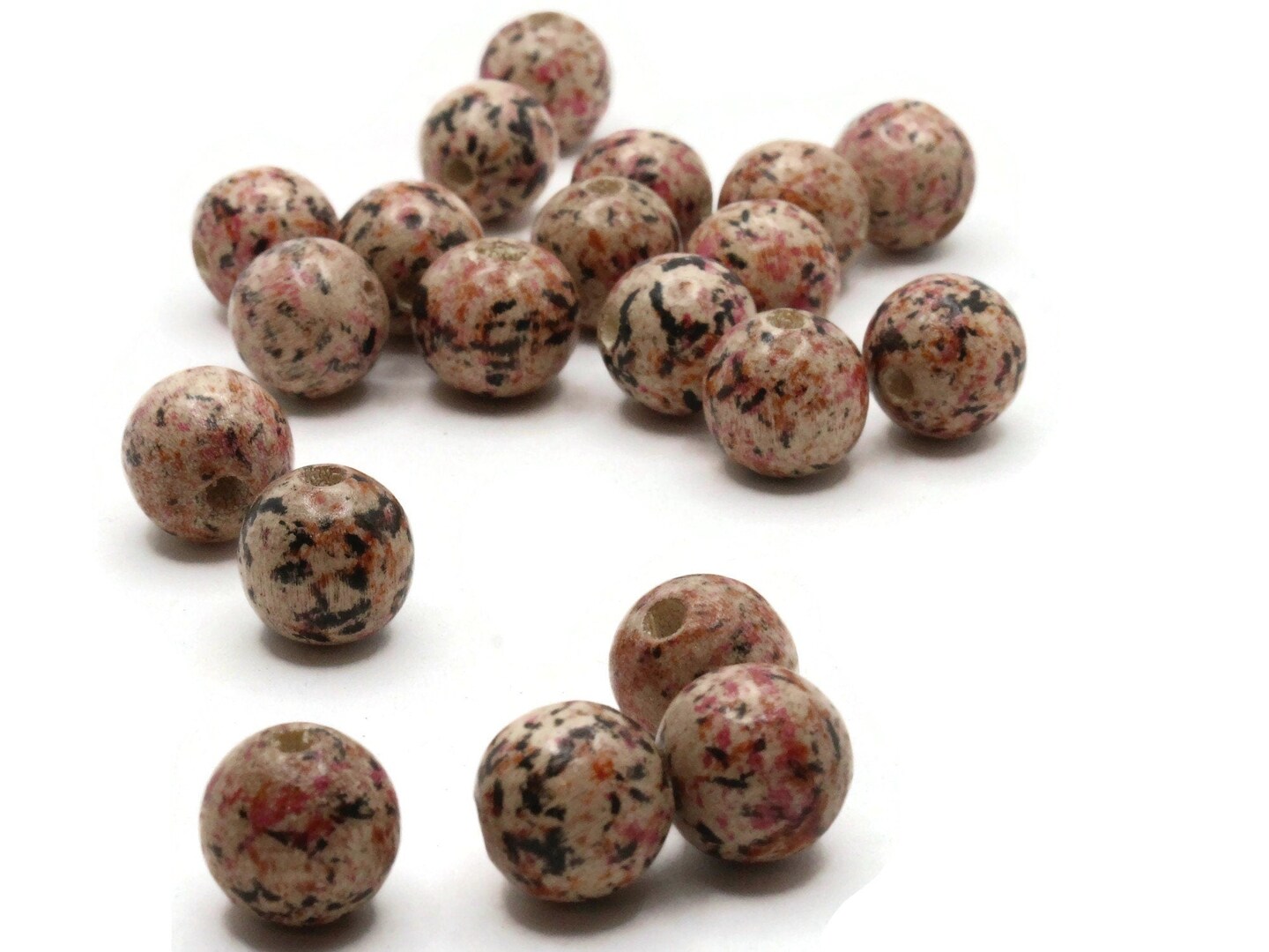 20 12mm Round Pink Splatter Paint Wooden Ball Beads