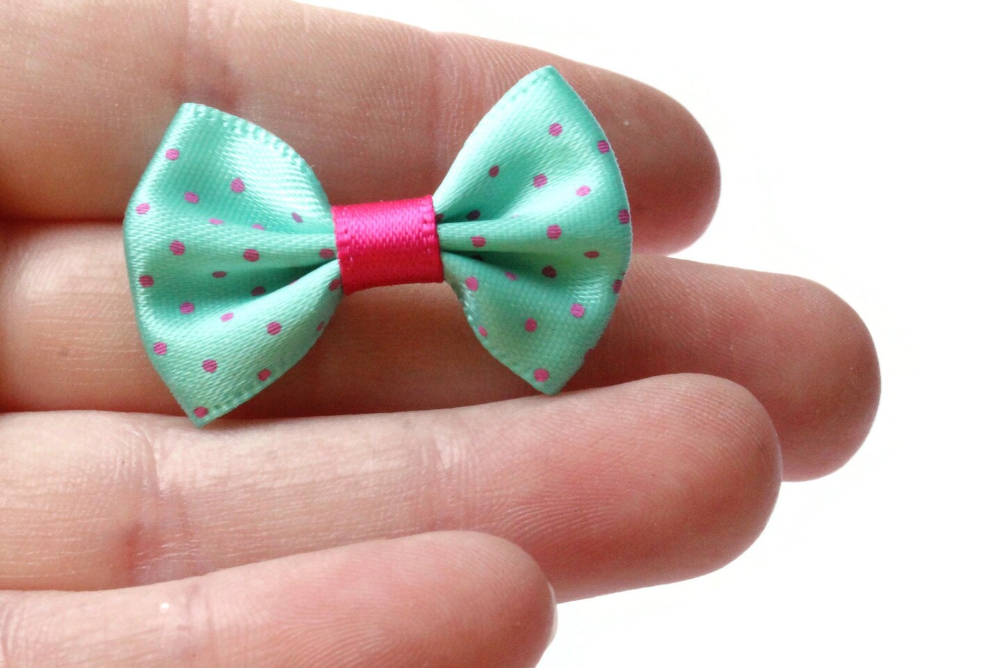 10 35mm Turquoise Green and Pink Polka Dot Bows - Loose Bow Embellishments