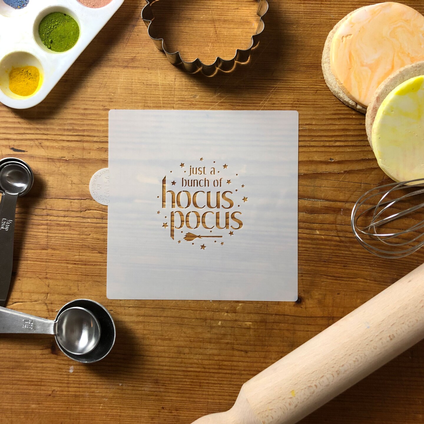 Hocus Pocus Cookie &#x26; Craft Stencil | CM156 by Designer Stencils | Cookie Decorating Tools | Baking Stencils for Royal Icing, Airbrush, Dusting Powder | Craft Stencils for Canvas, Paper, Wood | Reusable Food Grade Stencil