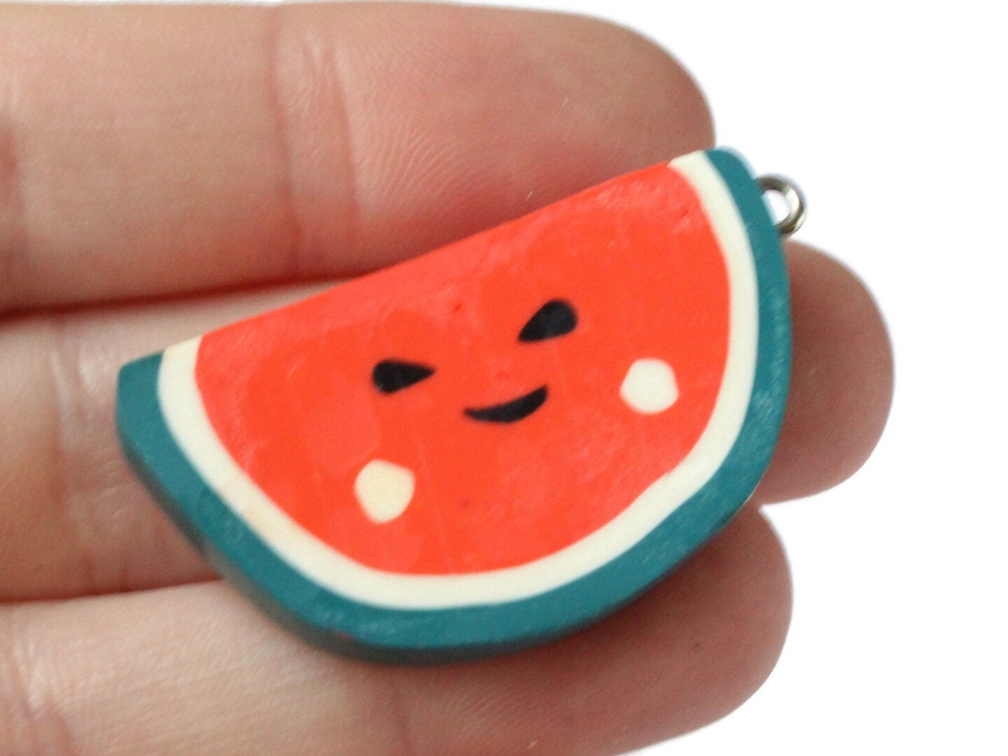 4 40mm Happy Watermelon Beads Sliced Clay Red and Green Fruit Beads