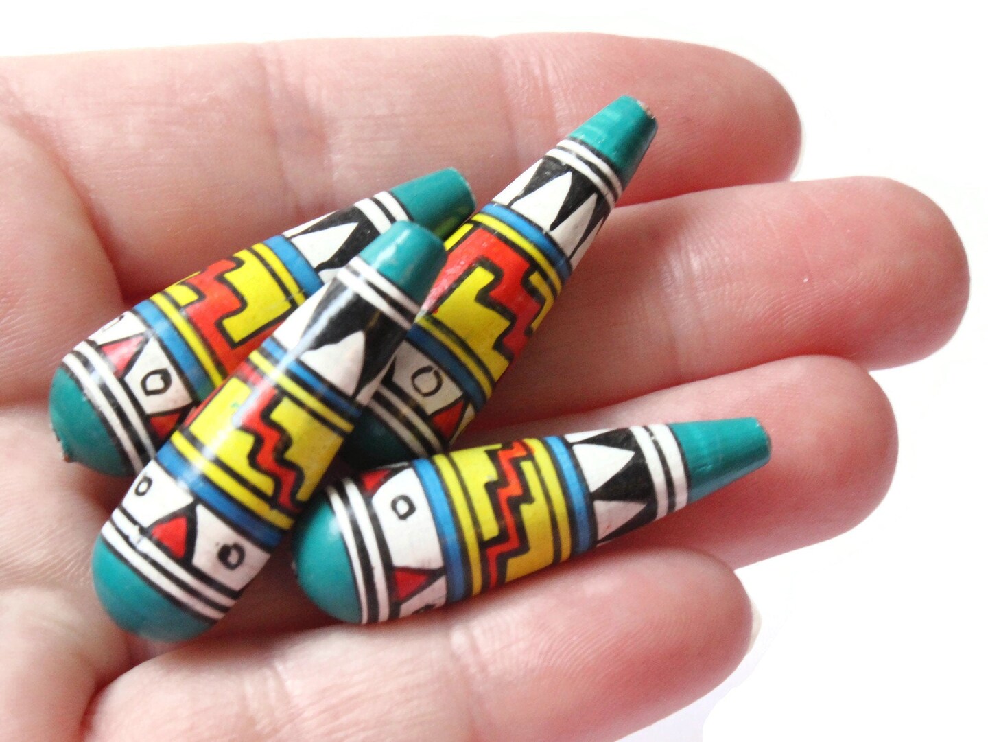 5 35mm Vintage Painted Peruvian Clay Beads - White Teal and Red Teardrop Beads