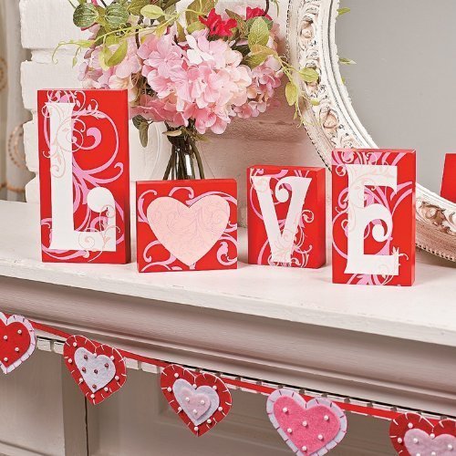 Love Blocks Wooden V-day Gift Table Top Decoration Home Accent Red Pink White Scrolls Heart Shape Design Romantic Sign L O V E Words Valentine&#x27;s Day Decor (Original Version)