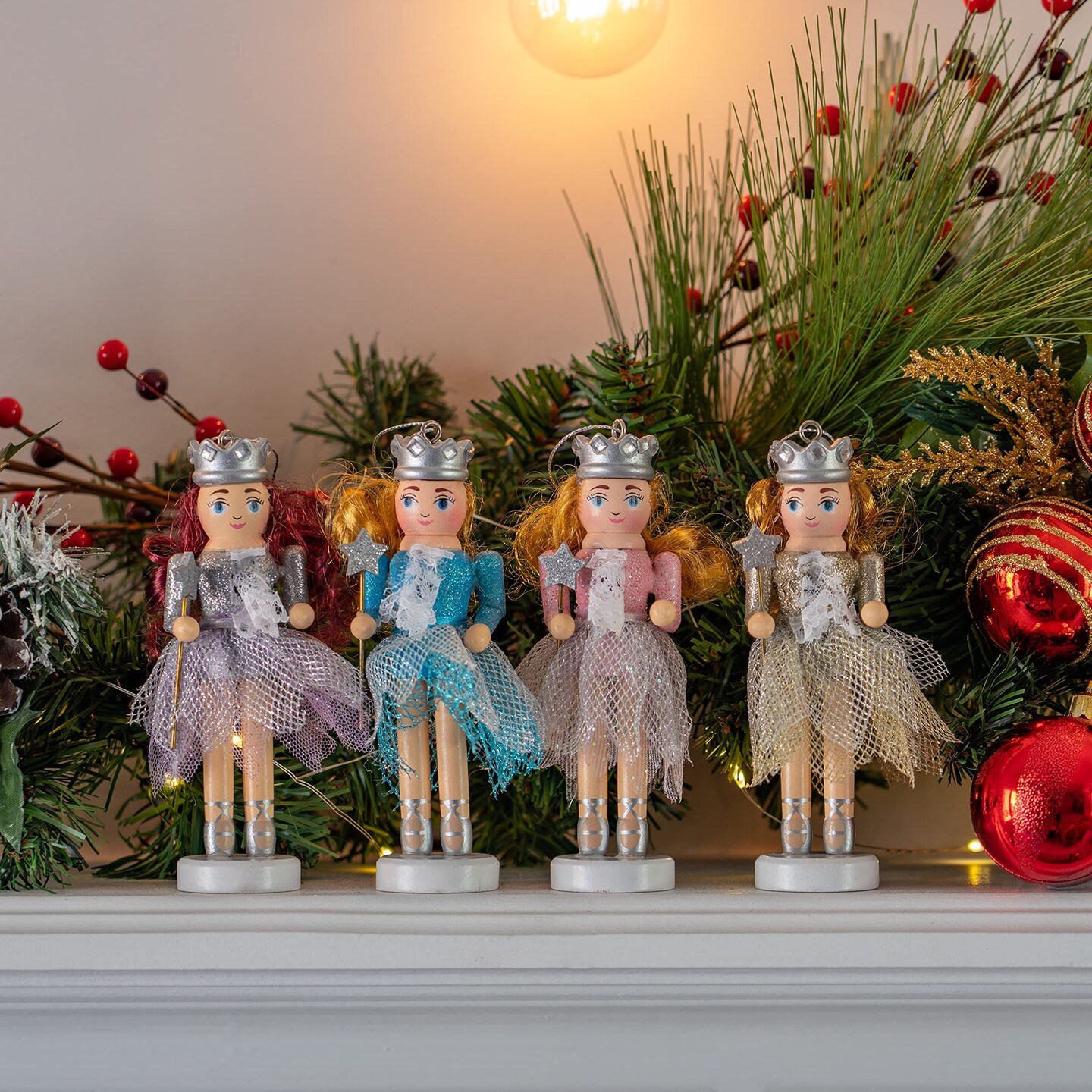 Ornativity Nutcracker Hanging Ornament Figures – Fairy Ballet Dancers Glittered Christmas Mini Wooden Nutcrackers Xmas Tree Ornament Set – 4 Pieces