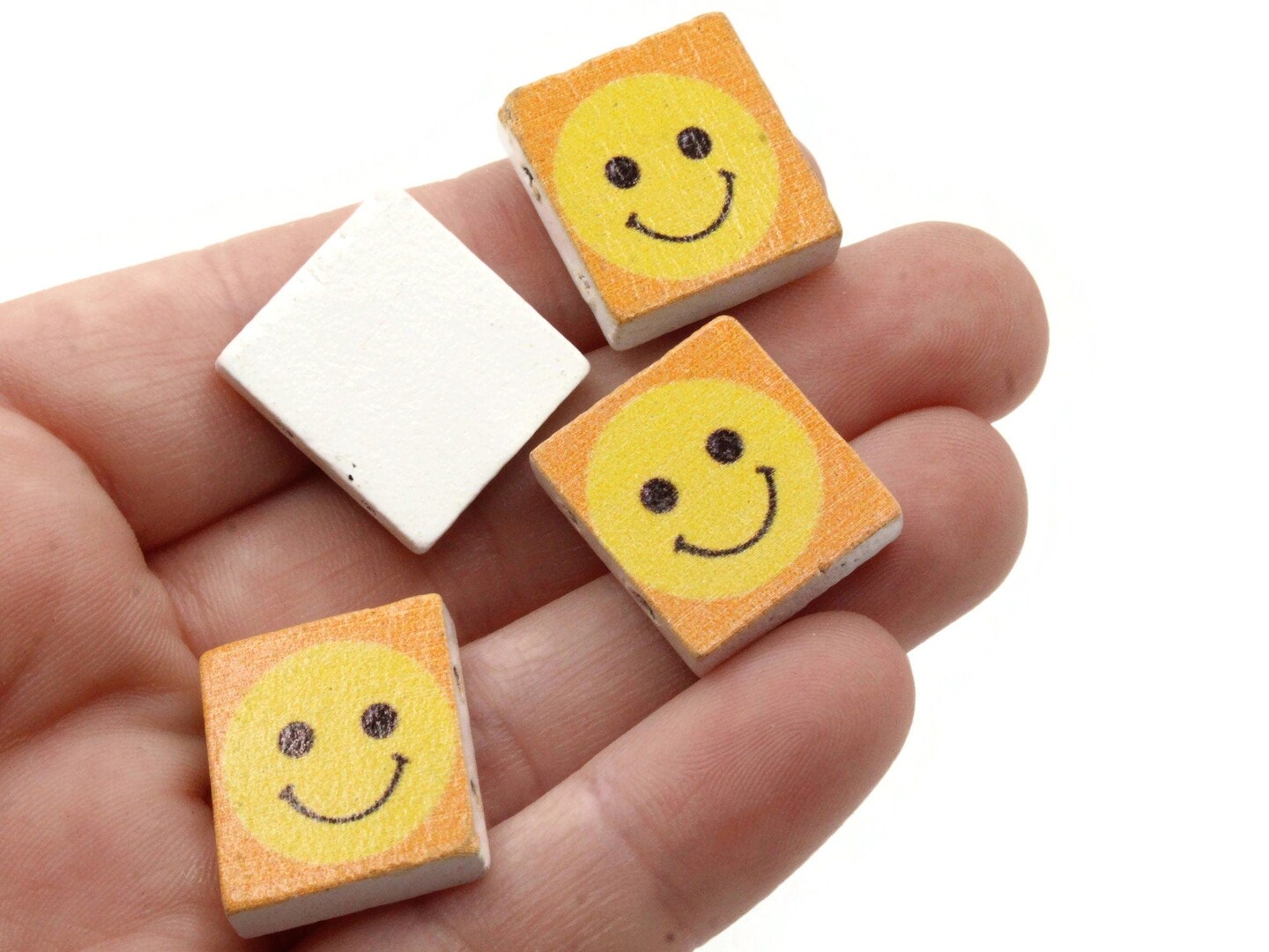 15 20mm Orange and Yellow Beads Wooden Rectangle Happy Face Beads - Two Hole Emoji Beads