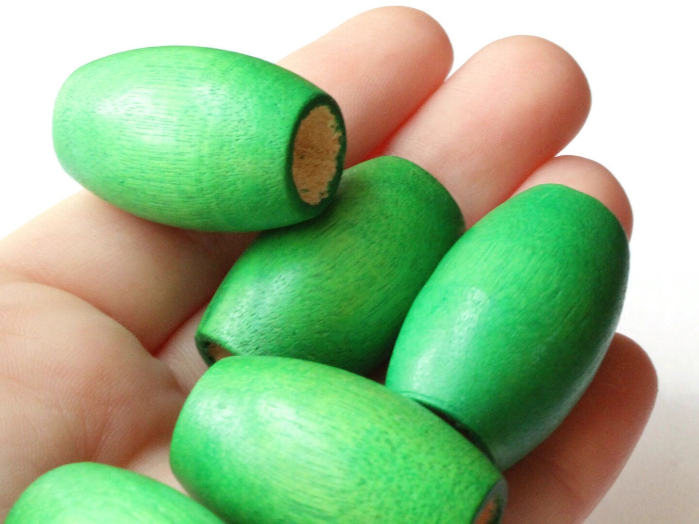 6 30mm Green Wood Barrel Beads Wooden Tube Beads Large Hole Macrame Beads