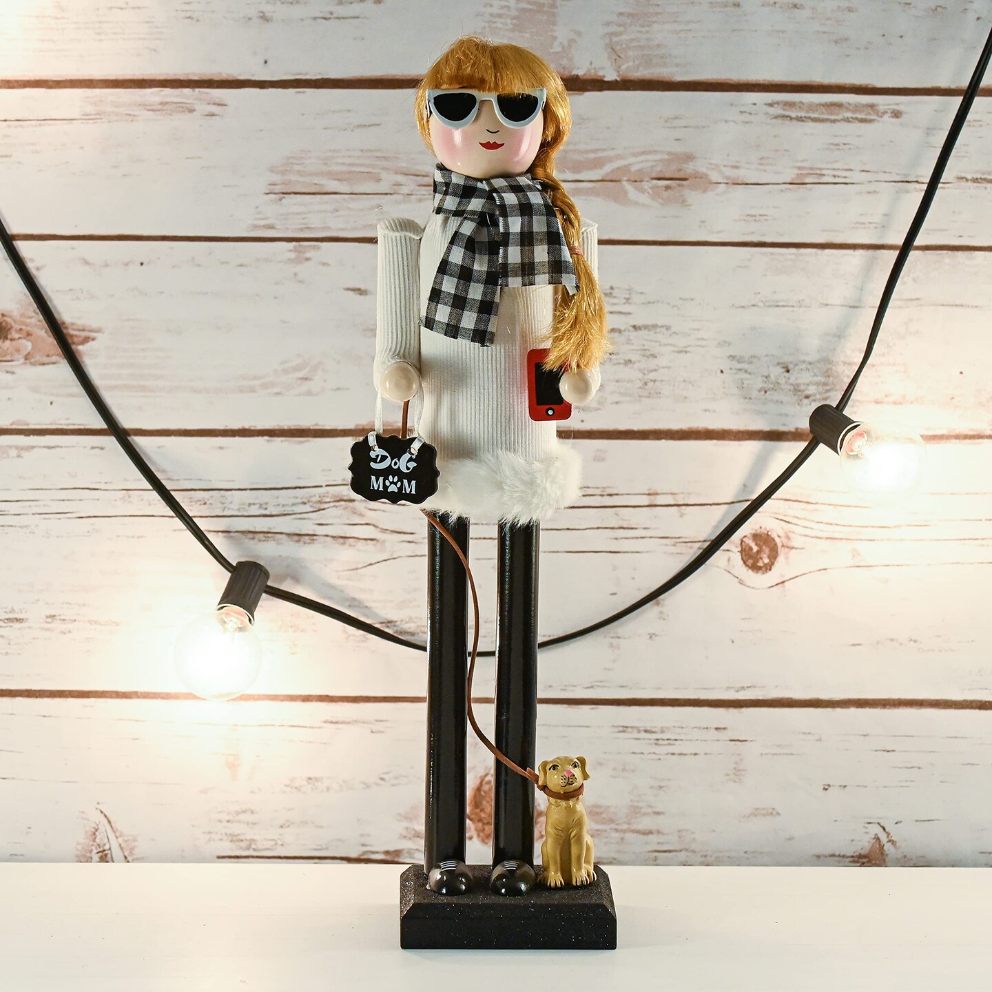 Ornativity Christmas Dog Mom Nutcracker &#x2013; White and Black Wooden Nutcracker Woman with Dog on Leash and a Smartphone in Hand Xmas Themed Holiday Nut Cracker Doll Figure Decorations