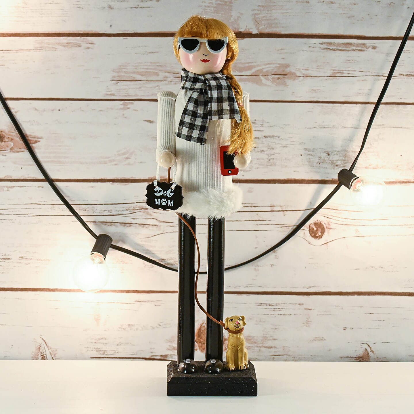 Ornativity Christmas Dog Mom Nutcracker – White and Black Wooden Nutcracker Woman with Dog on Leash and a Smartphone in Hand Xmas Themed Holiday Nut Cracker Doll Figure Decorations