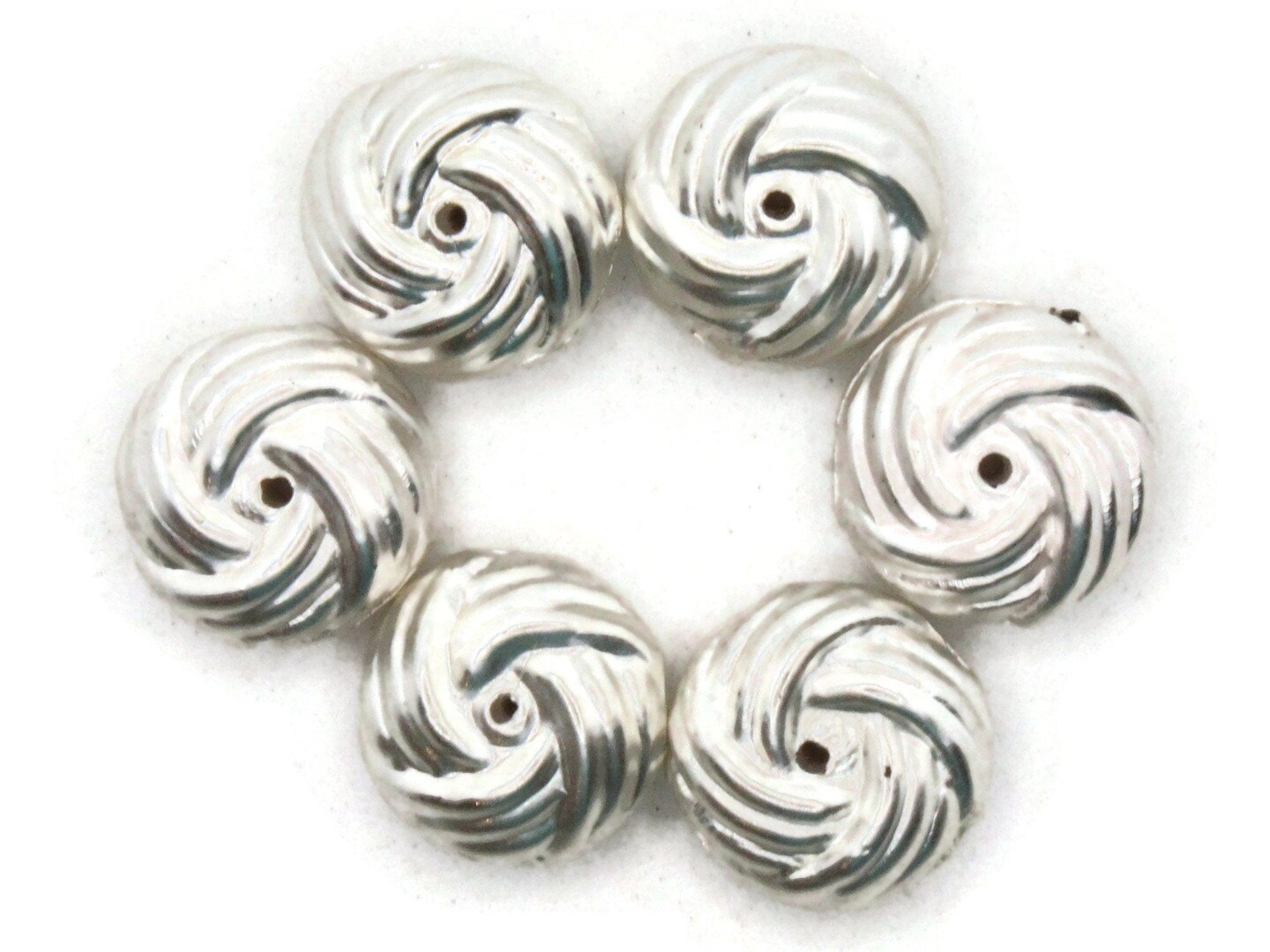 6 14mm Patterned Rondelle Silver Plated Plastic Vintage Beads