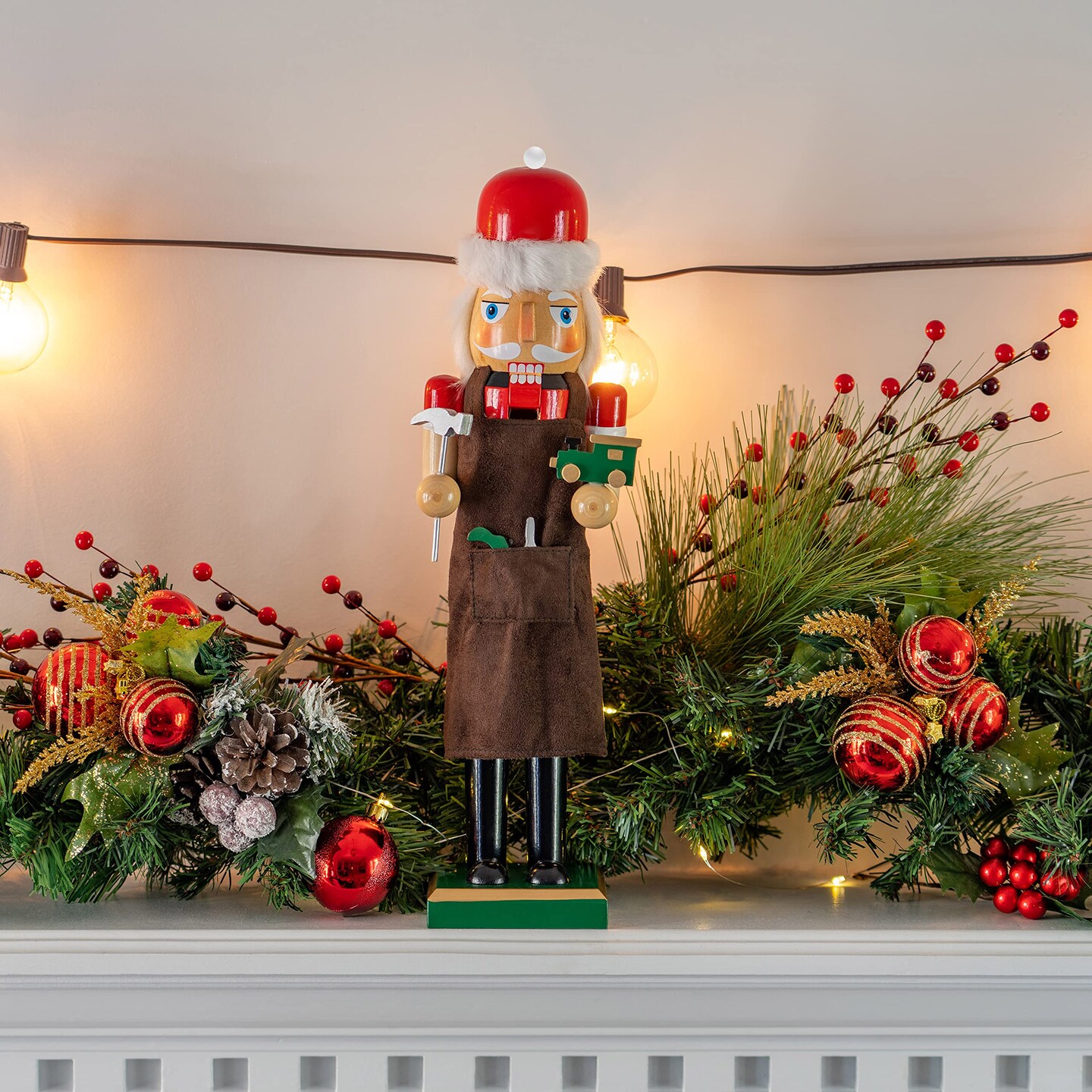 Ornativity Christmas Toy Maker Nutcracker &#x2013; Red and Green Wooden Nutcracker Man with Brown Workers Apron and Toy Car and Toy Hammer in Hand Xmas Themed Holiday Nut Cracker Doll Figure Decorations