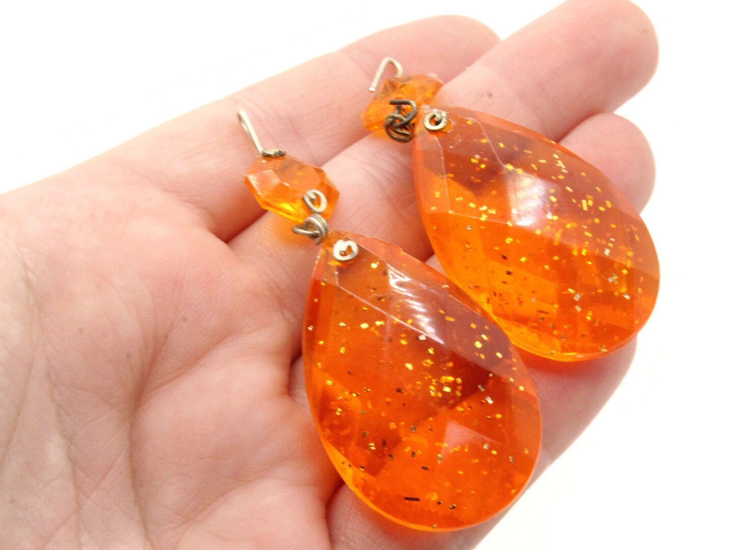 2 64mm Clear Orange with Embedded Glitter Vintage Plastic Teardrop Pendant - Chandelier Dangle