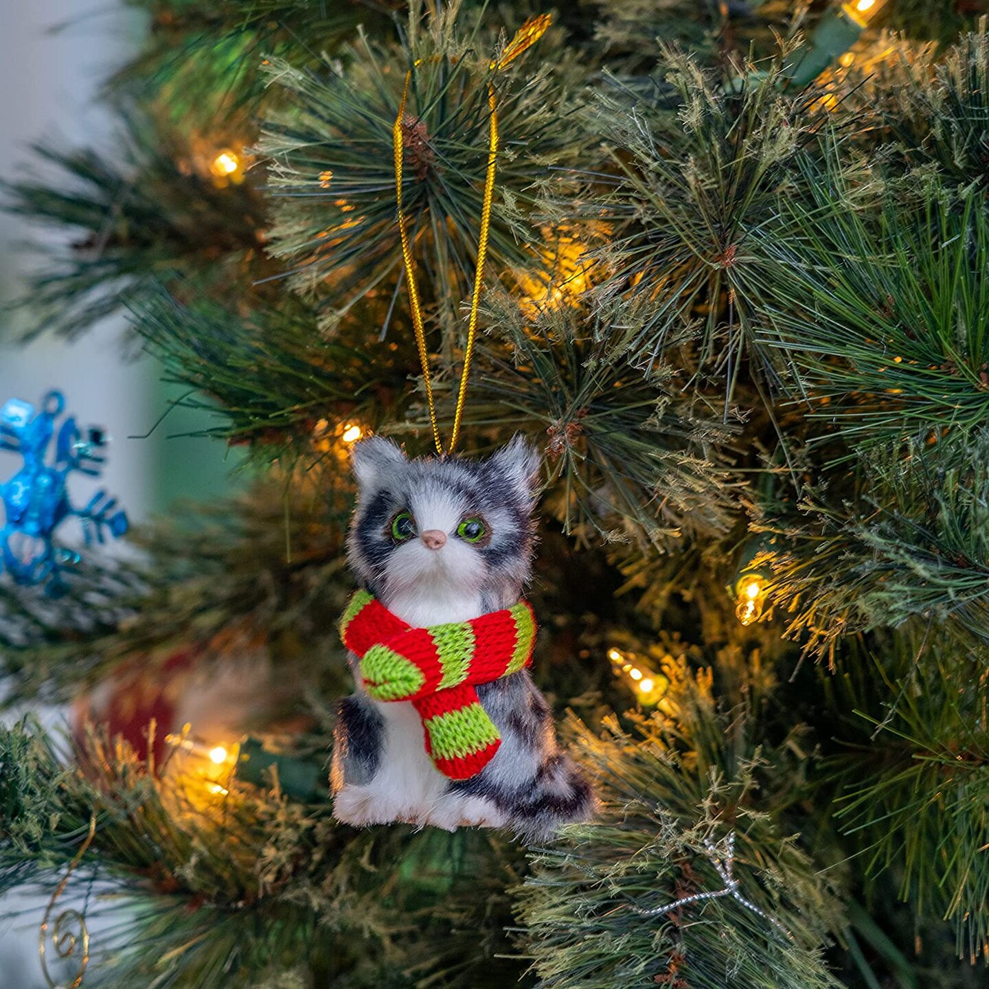 Ornativity Christmas Mini Cat Ornament - Furry Grey Kitten with Scarf Holiday Tree Hanging Decoration