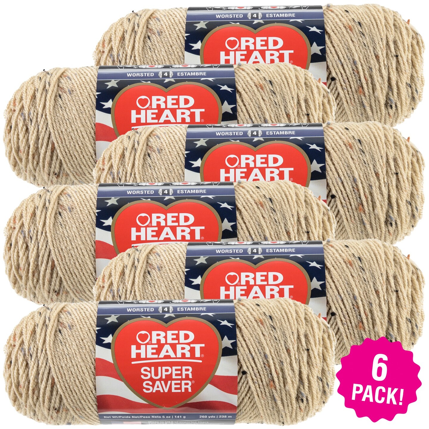 Multipack of 6 - Red Heart Super Saver Yarn-Buff Fleck