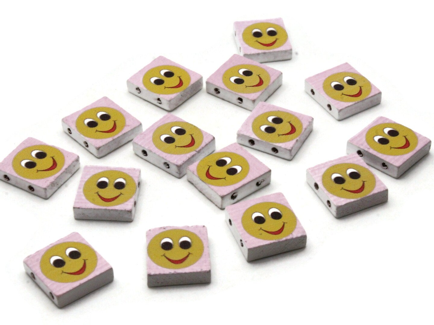 15 20mm Pink and Yellow Wooden Happy Face Beads - Two Hole Emoji Beads