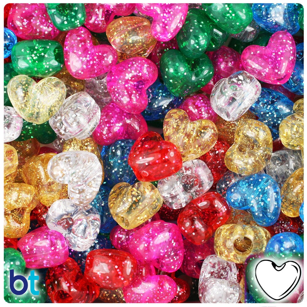 BeadTin Classic Sparkle Mix 12mm Heart (VH) Plastic Pony Beads (250pcs)
