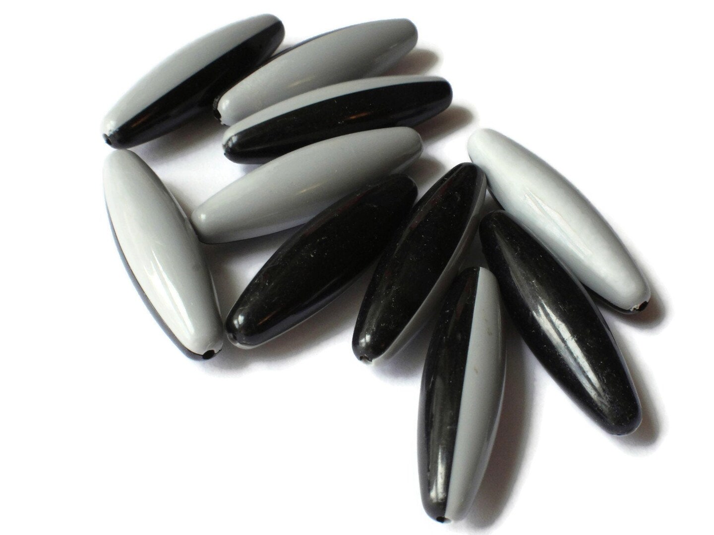 10 40mm Black and Grey Two Tone Beads Vintage Plastic Tube Beads