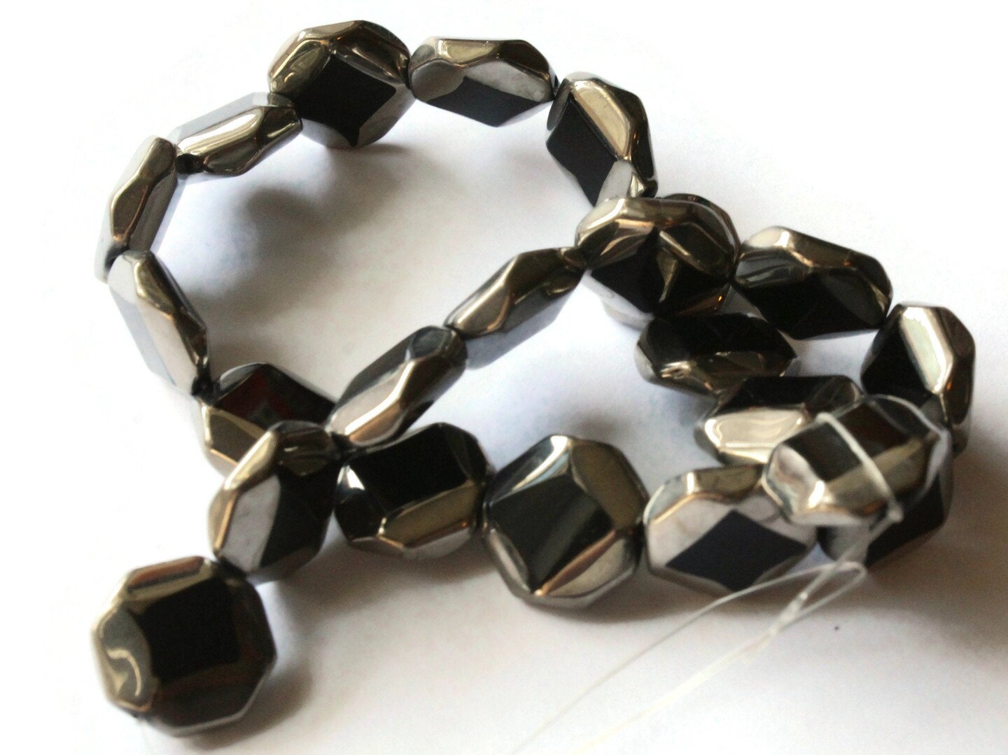 22 14mm Silver Rimmed Glass Black Octagon Beads