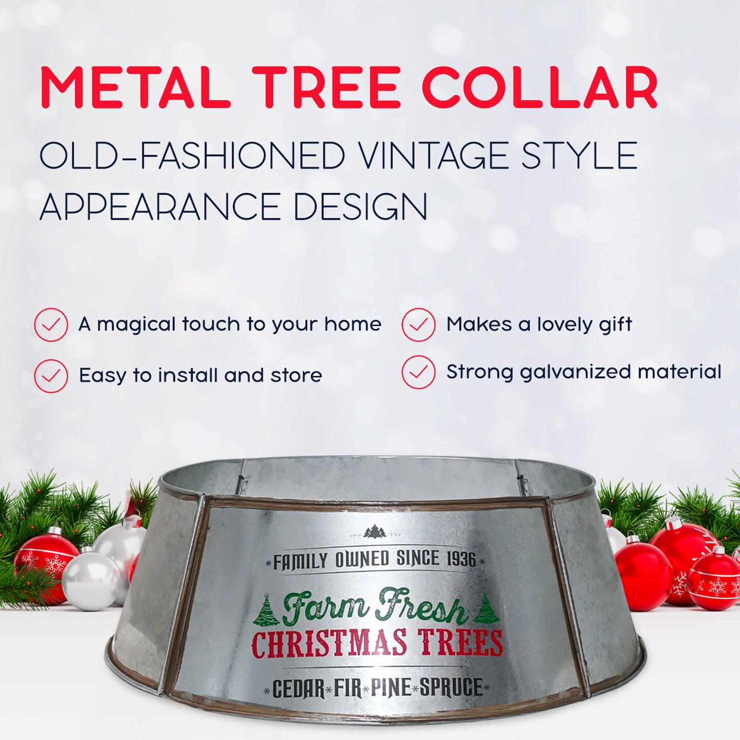 Ornativity Metal Christmas Tree Collar - 18&#x22; Galvanized Tin Metal Rustic Bucket Base Skirt for Xmas Holiday Tree Bottom