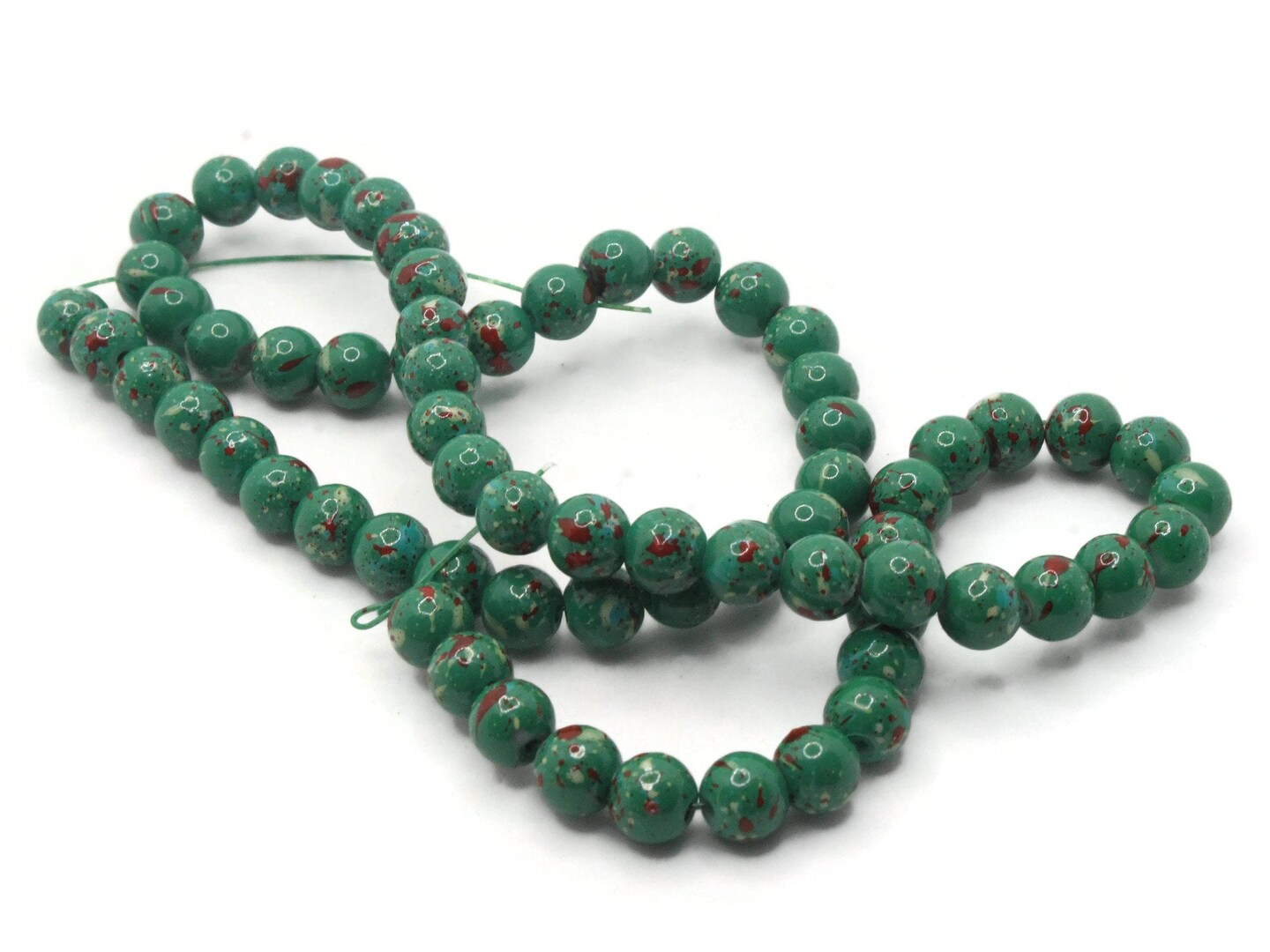 68 6mm Green and Red Splatter Paint Round Glass Beads
