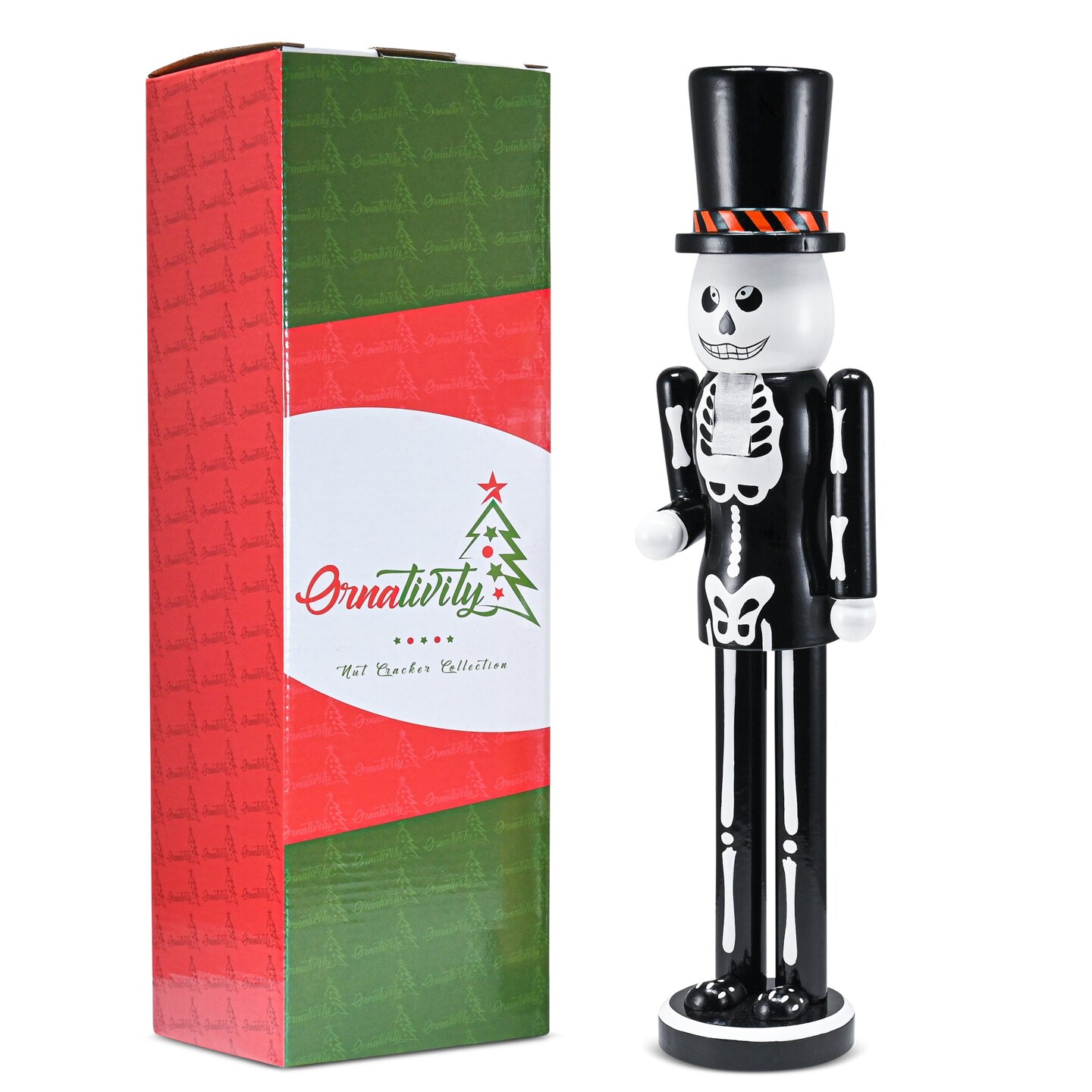 Ornativity Christmas Scary Skeleton Nutcracker &#x2013; Black and White Wooden Day of The Dead Skeletal Nutcracker Man with Top Hat Xmas and Halloween Themed Holiday Nut Cracker Doll Figure Decorations