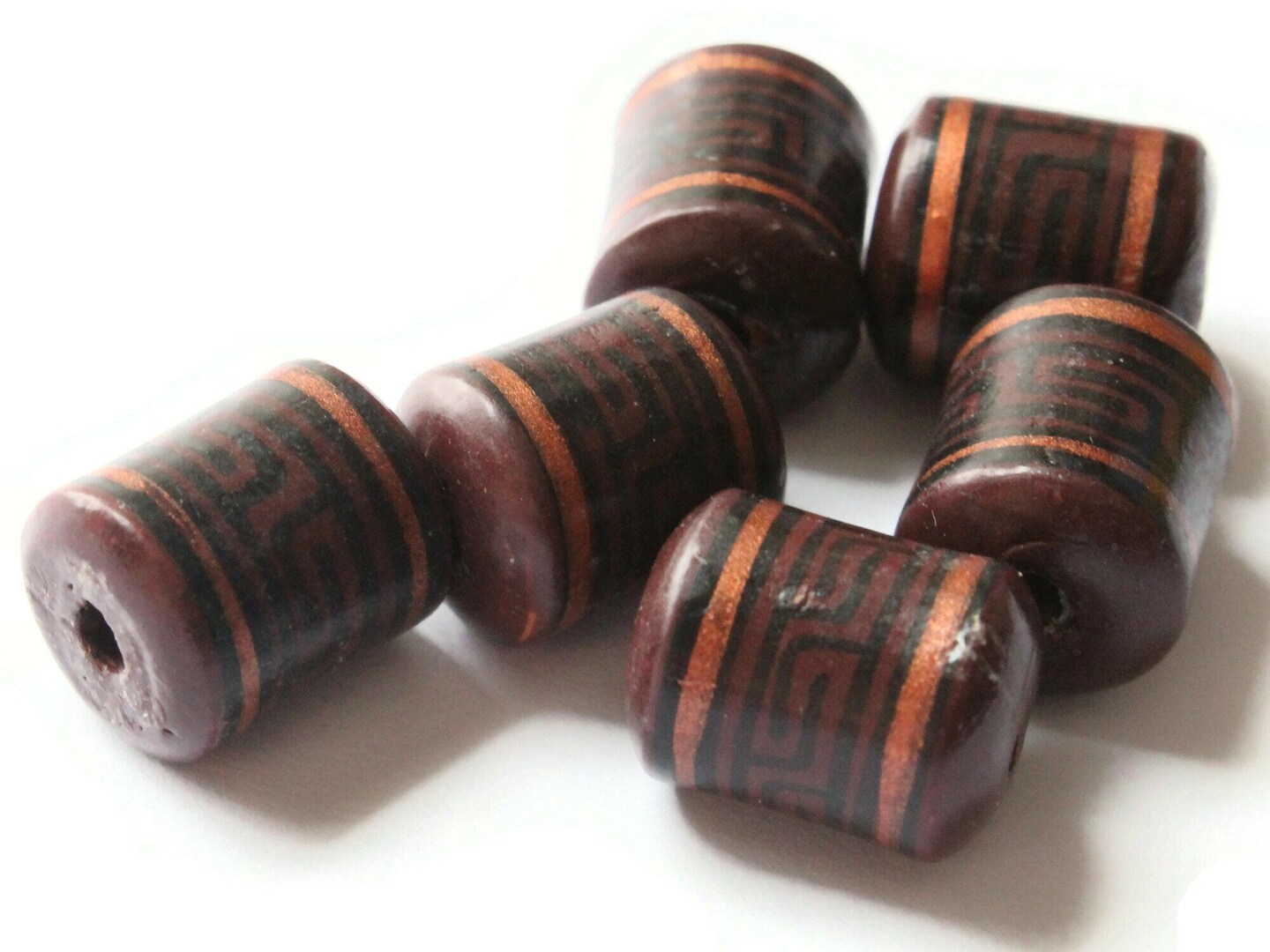 6 16mm Vintage Painted Peruvian Clay Beads - Brown, Copper, and Black Patterned Tube Beads