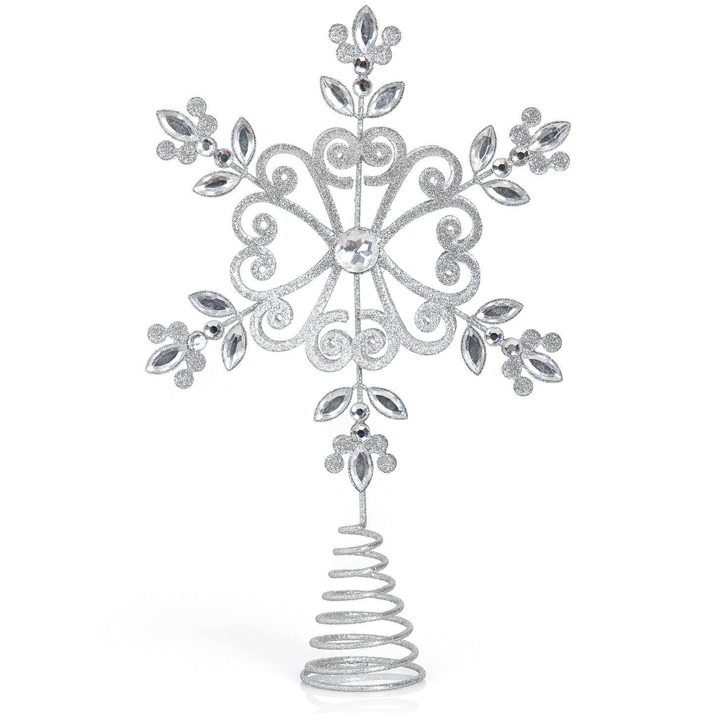 Ornativity Flower Snowflake Tree Topper &#x2013; Silver Glitter Intricate Designed Floral Snowflake Shaped Ornament with Sparkling Gem Detailed Christmas Star Tree Top Decorations