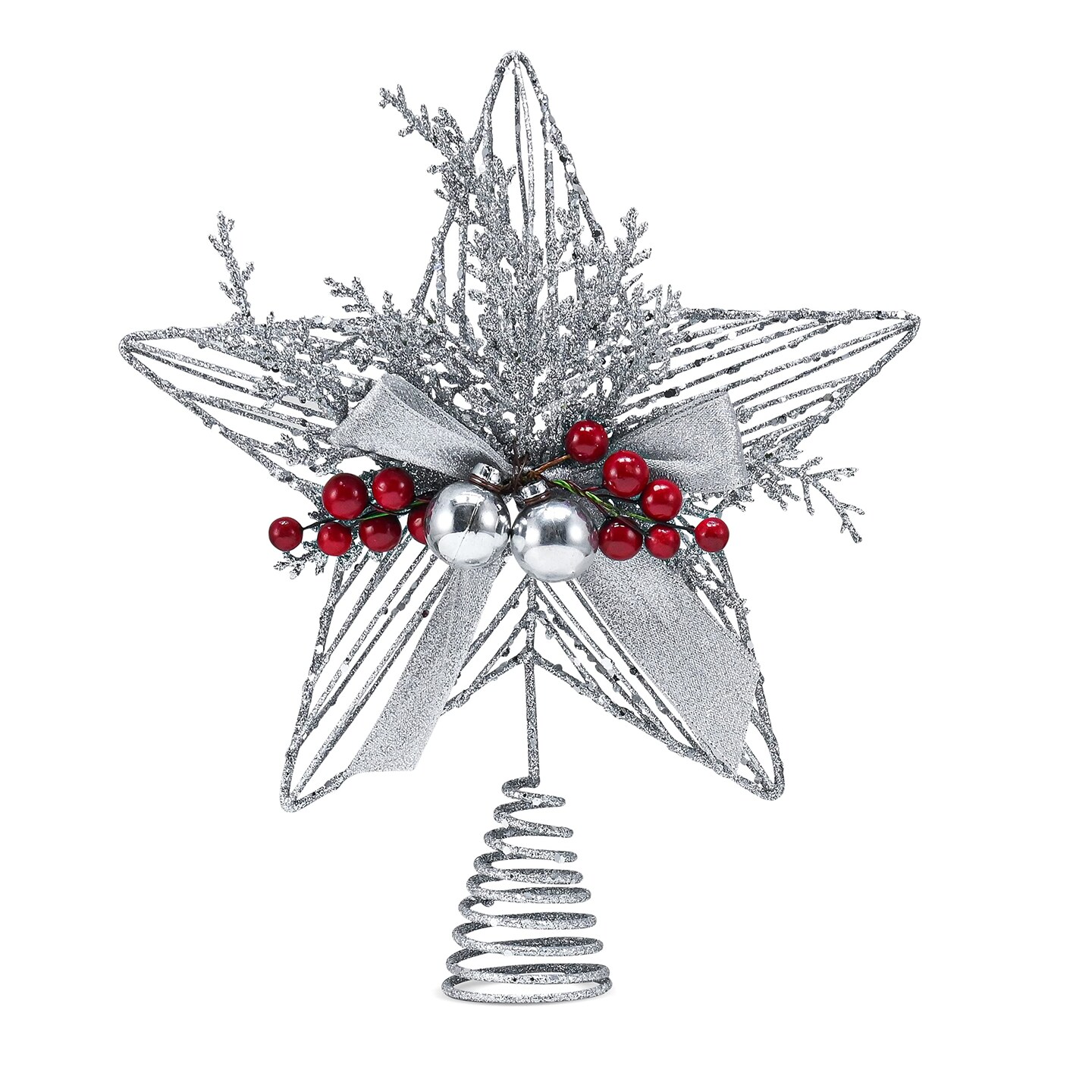 Ornativity Silver Star Tree Topper - Christmas Glitter Silver Star Holiday Tree Top Decoration with Silver Bells and Mistletoe and Red Berries