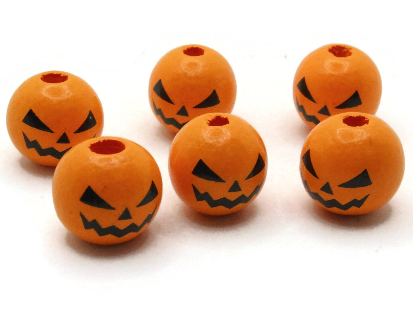 6 16mm Orange and Black Jack O Lantern Round Wooden Pumpkin Beads