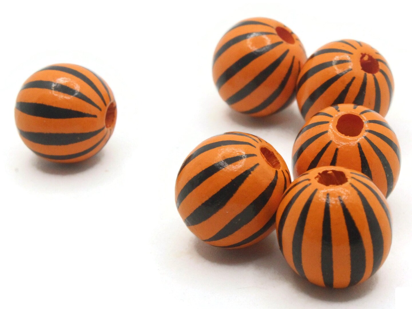 6 15mm Orange and Black Striped Round Wood Beads