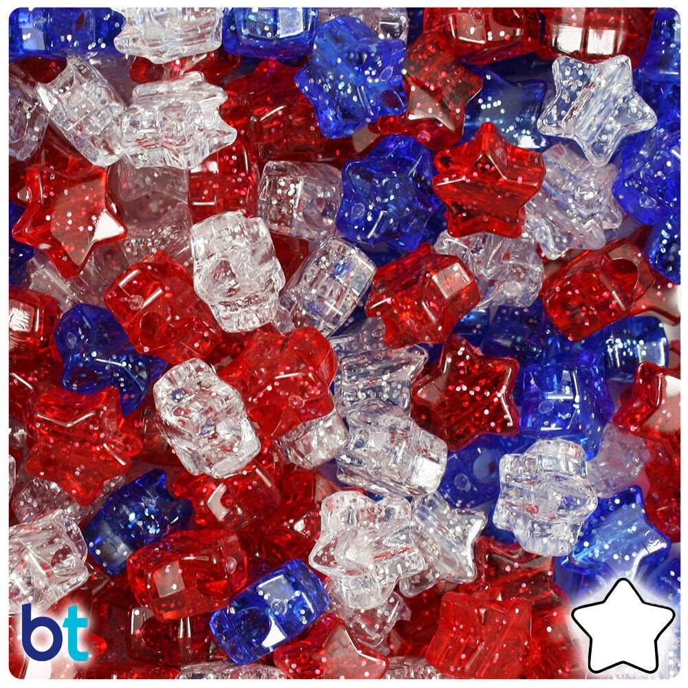 BeadTin Patriotic Sparkle Mix 13mm Star Plastic Pony Beads (250pcs)