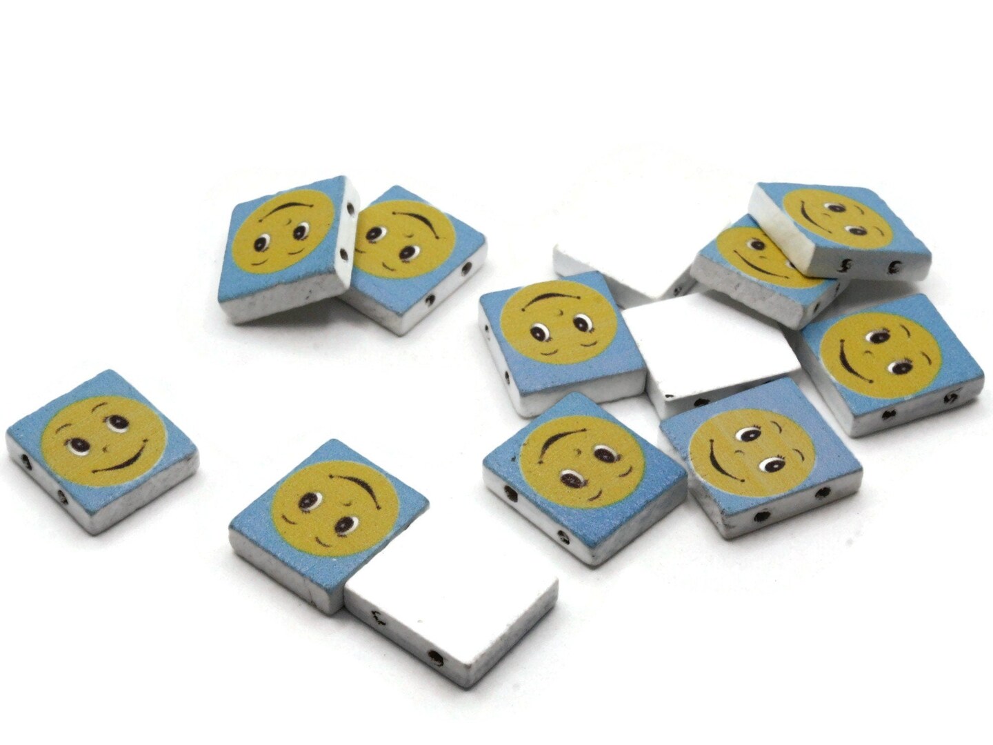 15 20mm Blue and Yellow Rectangle Wooden Happy Face Beads - Two Hole Emoji Beads