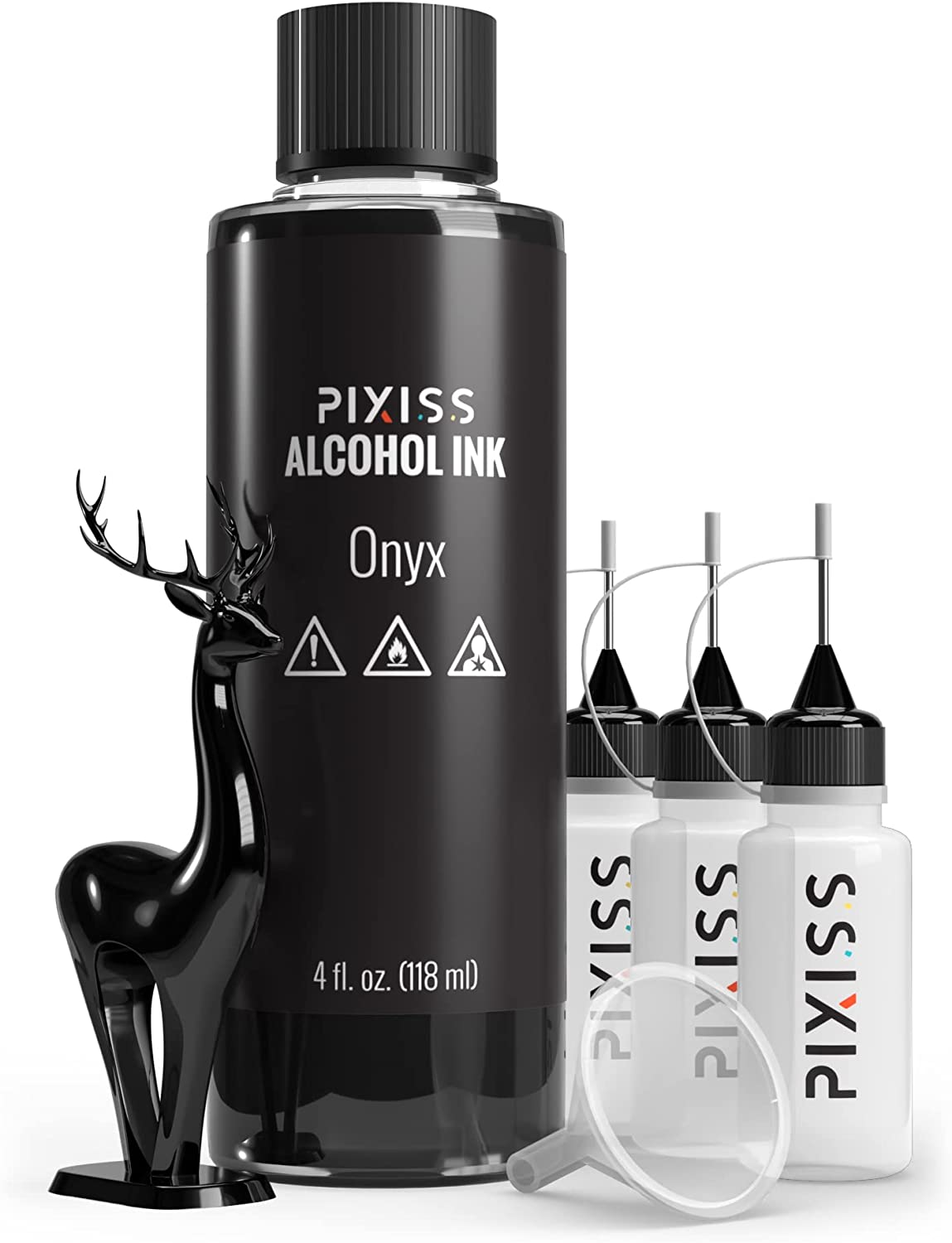 Pixiss Black Onyx Alcohol Ink for Resin 4oz, 3 Pixiss Applicator Bottles and Funnel