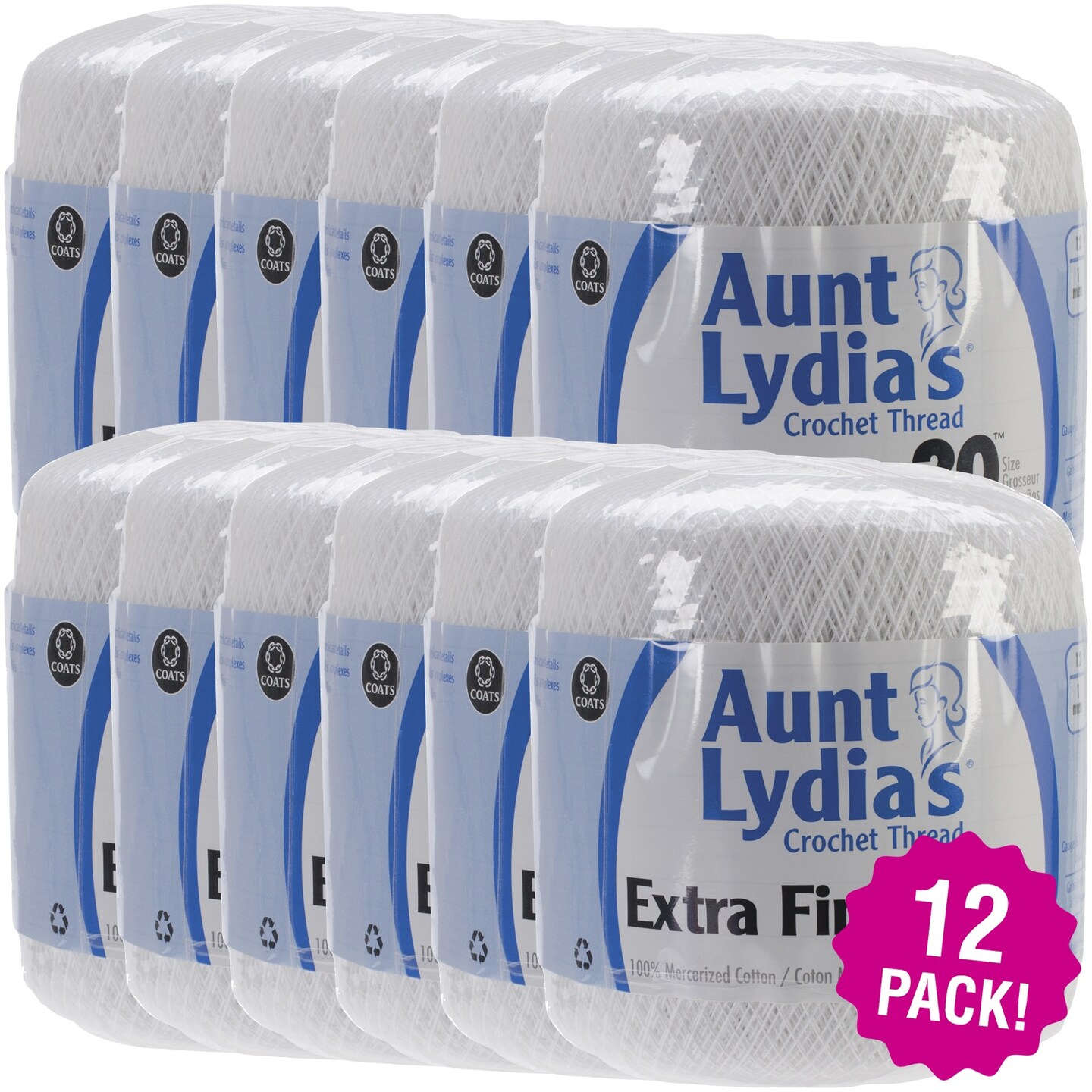 Multipack of 12 - Aunt Lydia&#x27;s Extra Fine Crochet Thread Size 30-White