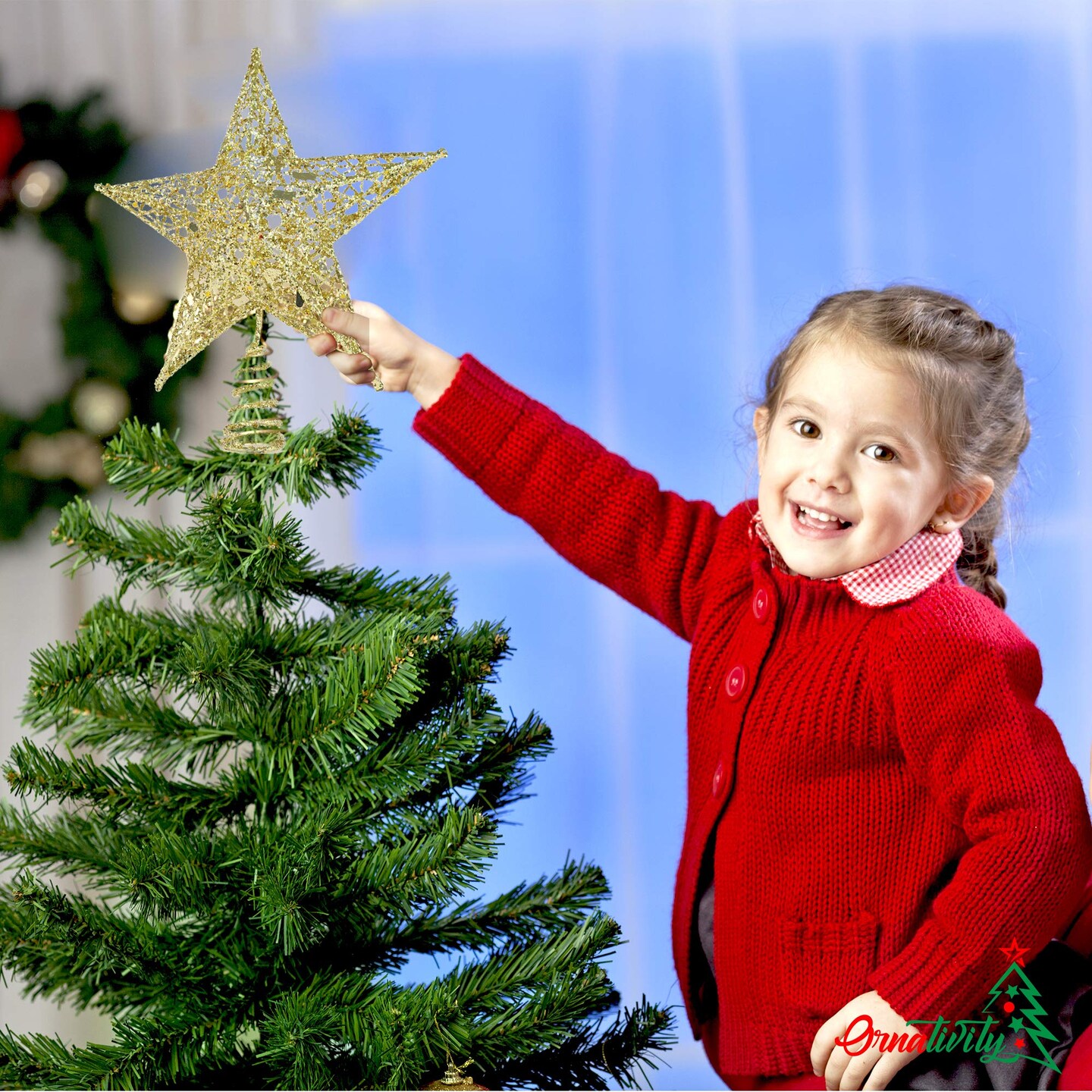 Ornativity Gold Star Tree Topper - Christmas Glitter Star Ornament Treetop Decoration
