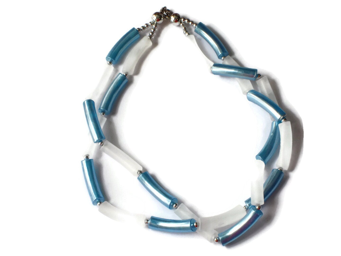 19 1/2 Inch Vintage Twisted Two Strand Blue and White Beaded Necklace - Plastic Tube Beads