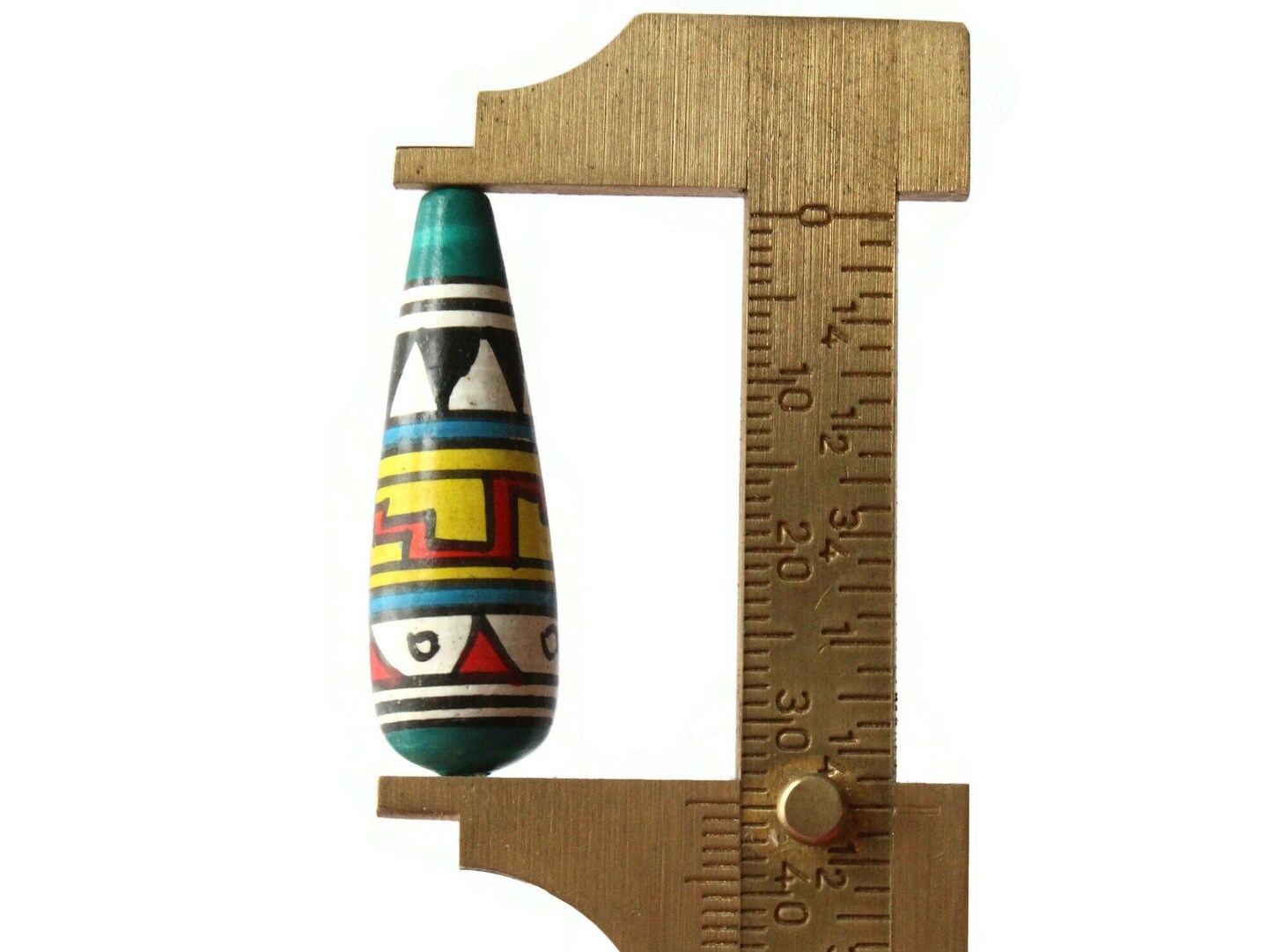 5 35mm Vintage Painted Peruvian Clay Beads - White Teal and Red Teardrop Beads