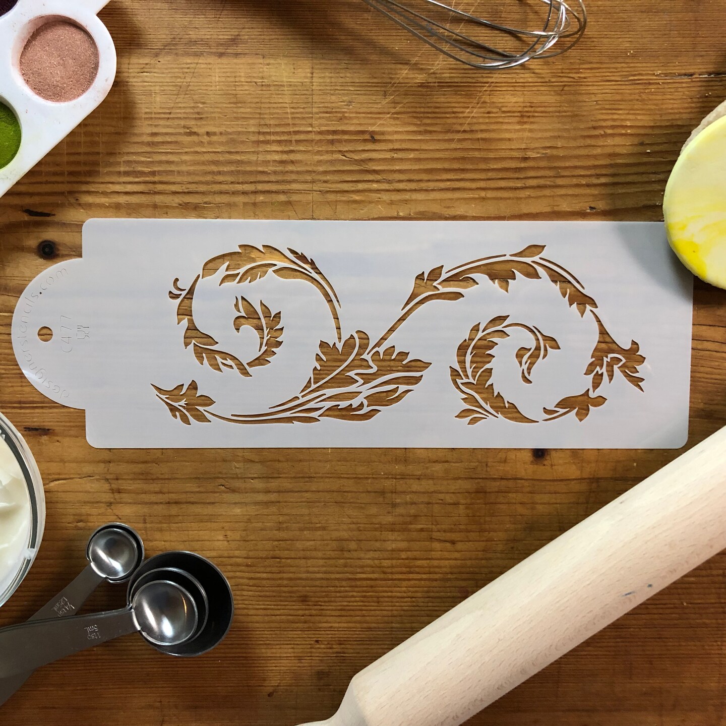 Florentine Leaf Cake Stencil | C477 by Designer Stencils | Cake Decorating Tools | Baking Stencils for Royal Icing, Airbrush, Dusting Powder | Reusable Plastic Food Grade Stencil for Cakes | Easy to Use &#x26; Clean Cake Stencil