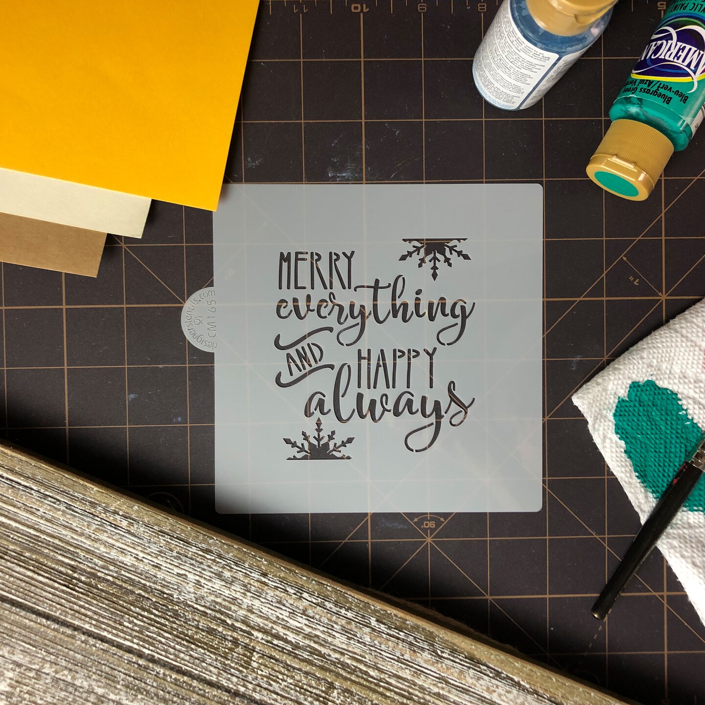 Merry Everything and Happy Always Cookie &#x26; Craft Stencil | CM165 by Designer Stencils | Cookie Decorating Tools | Baking Stencils for Royal Icing, Airbrush, Dusting Powder | Craft Stencils for Canvas, Paper, Wood | Reusable Food Grade Stencil
