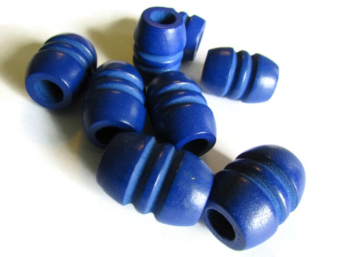 5 28mm Blue Vintage Wood Fluted Barrel Beads - Large Hole Macrame Beads bA3