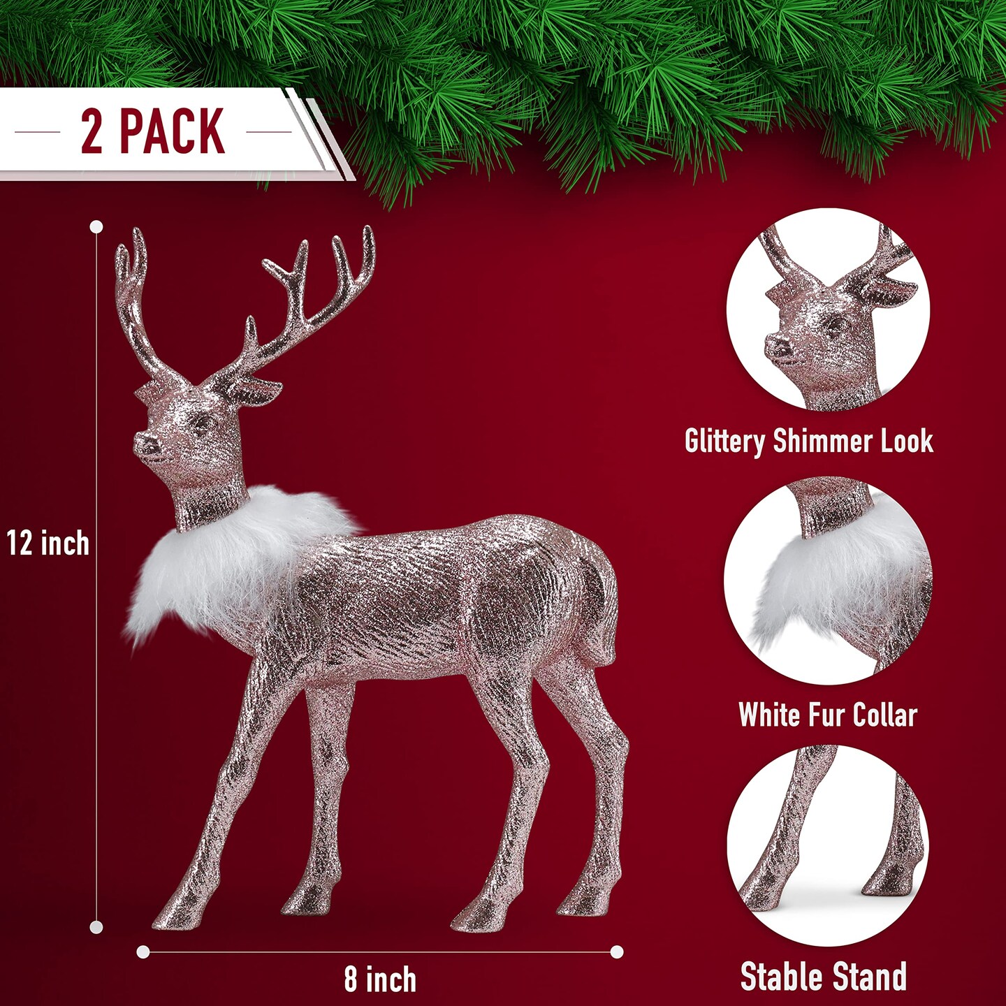 Ornativity Rose Glitter Christmas Reindeer - Holiday Party Deer Rose Gold Figurine Statues Dinner Tabletop Decorations Centerpiece - Pack of 2