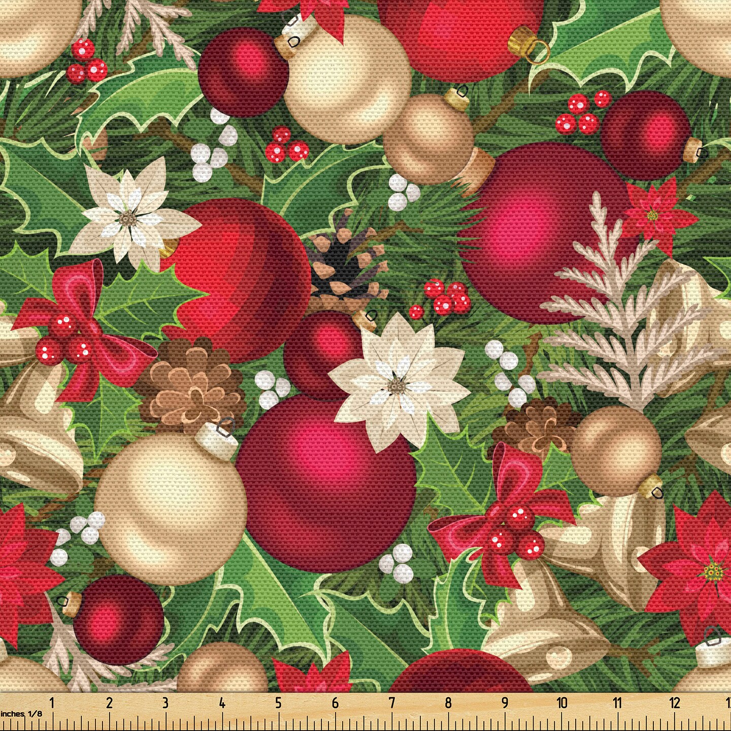 Ambesonne Christmas Fabric by the Yard, Tree Branches Spruce Leaves Balls Bells Cones Poinsettia Flowers Mistletoe Berry, Decorative Fabric for Upholstery and Home Accents, 3 Yards, Ruby Green