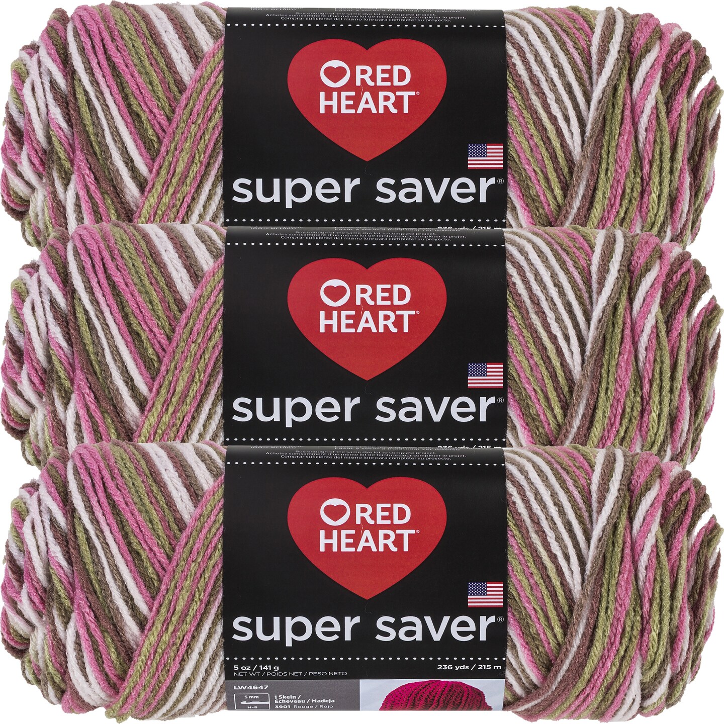 Red Heart Super Saver Pink Camo Yarn - 3 Pack of 198g/7oz - Acrylic - 4 Medium (Worsted) - 364 Yards - Knitting/Crochet