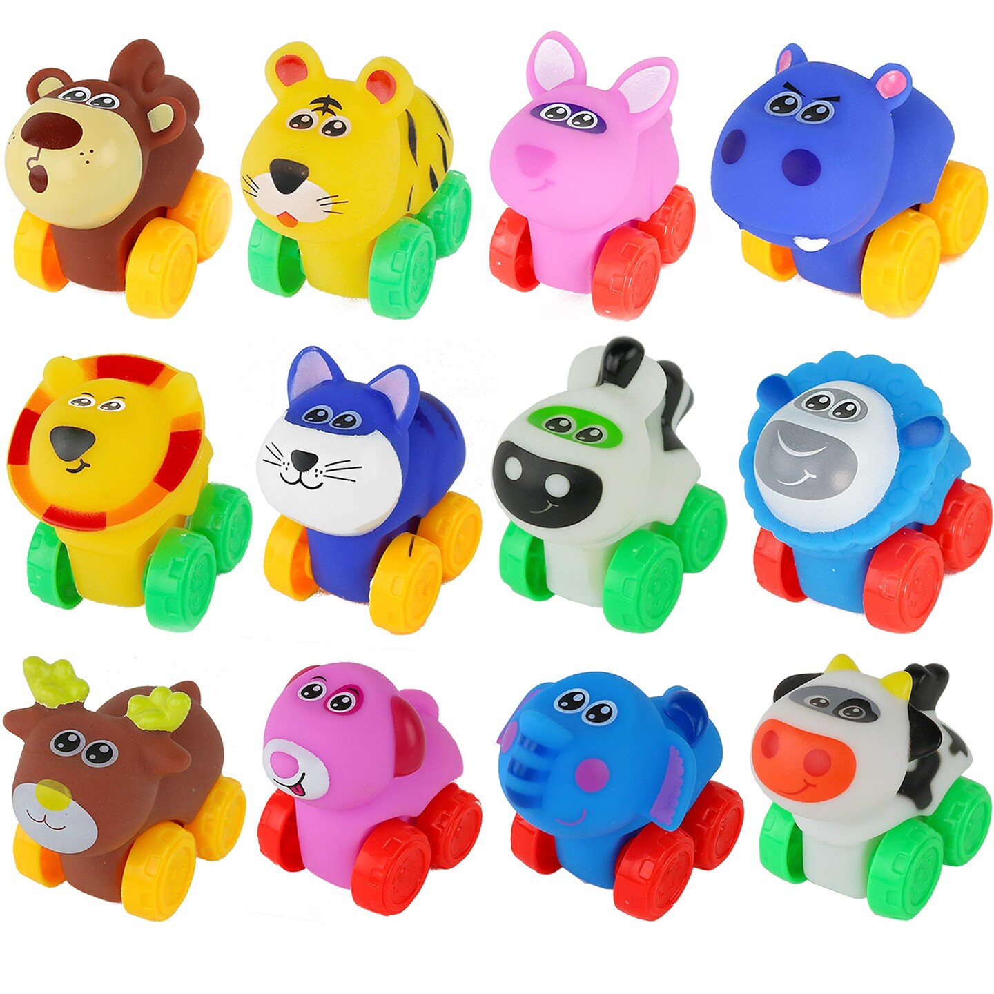 Big Mo&#x27;s Toys Animal Cars - Soft Rubber Cartoon Animal Push Toy Vehicles for Babies and Toddlers - Pack of 12