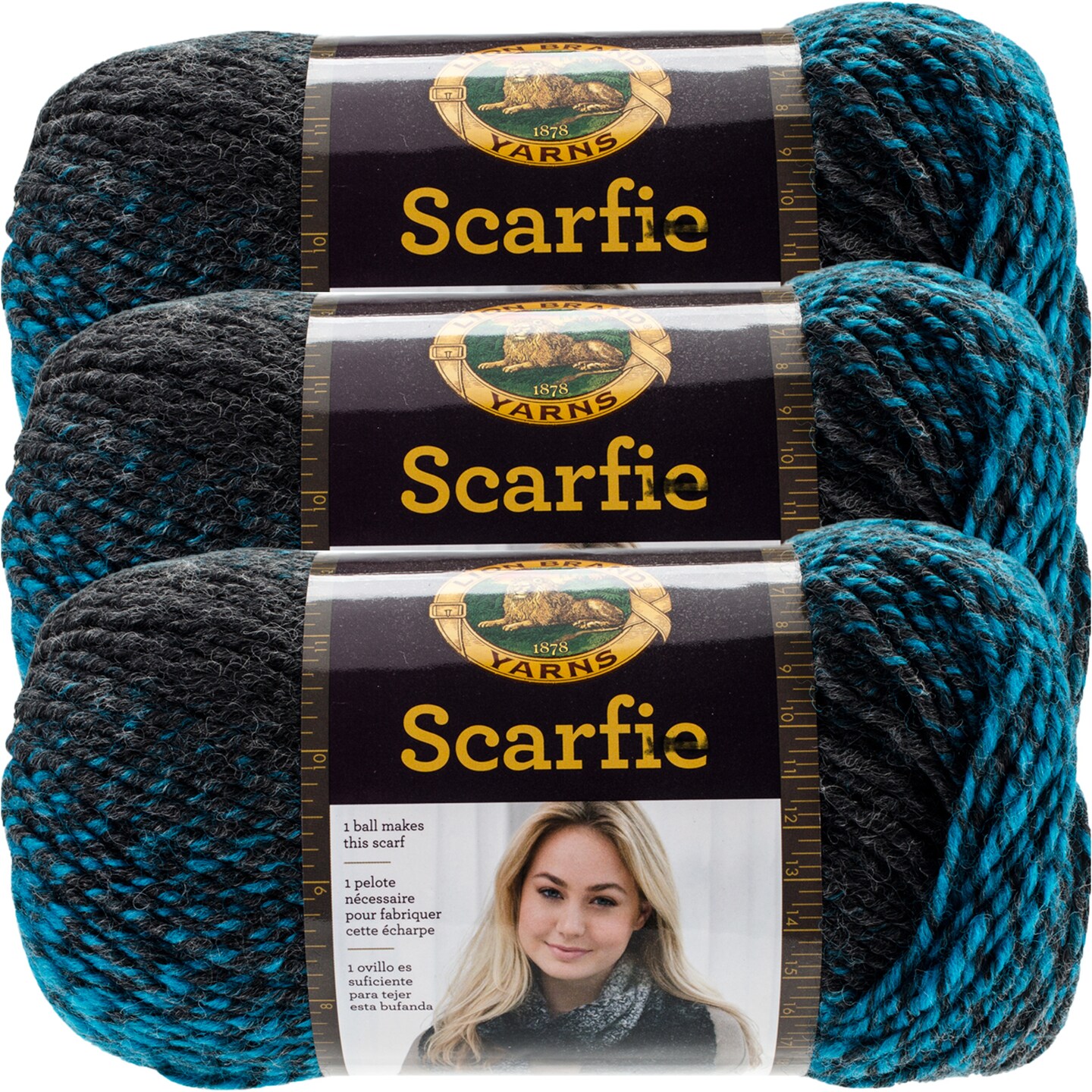(3 Pack) Lion Brand Scarfie Yarn - Charcoal/Aqua
