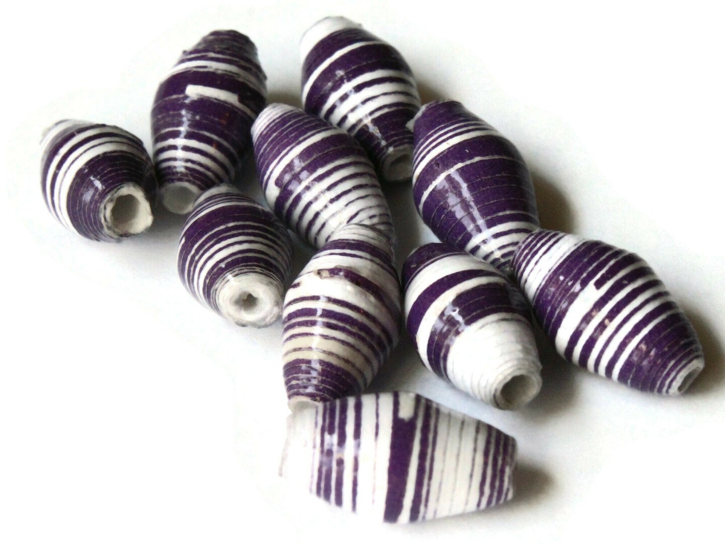 10 14mm Purple and White Striped Ugandan Paper Beads