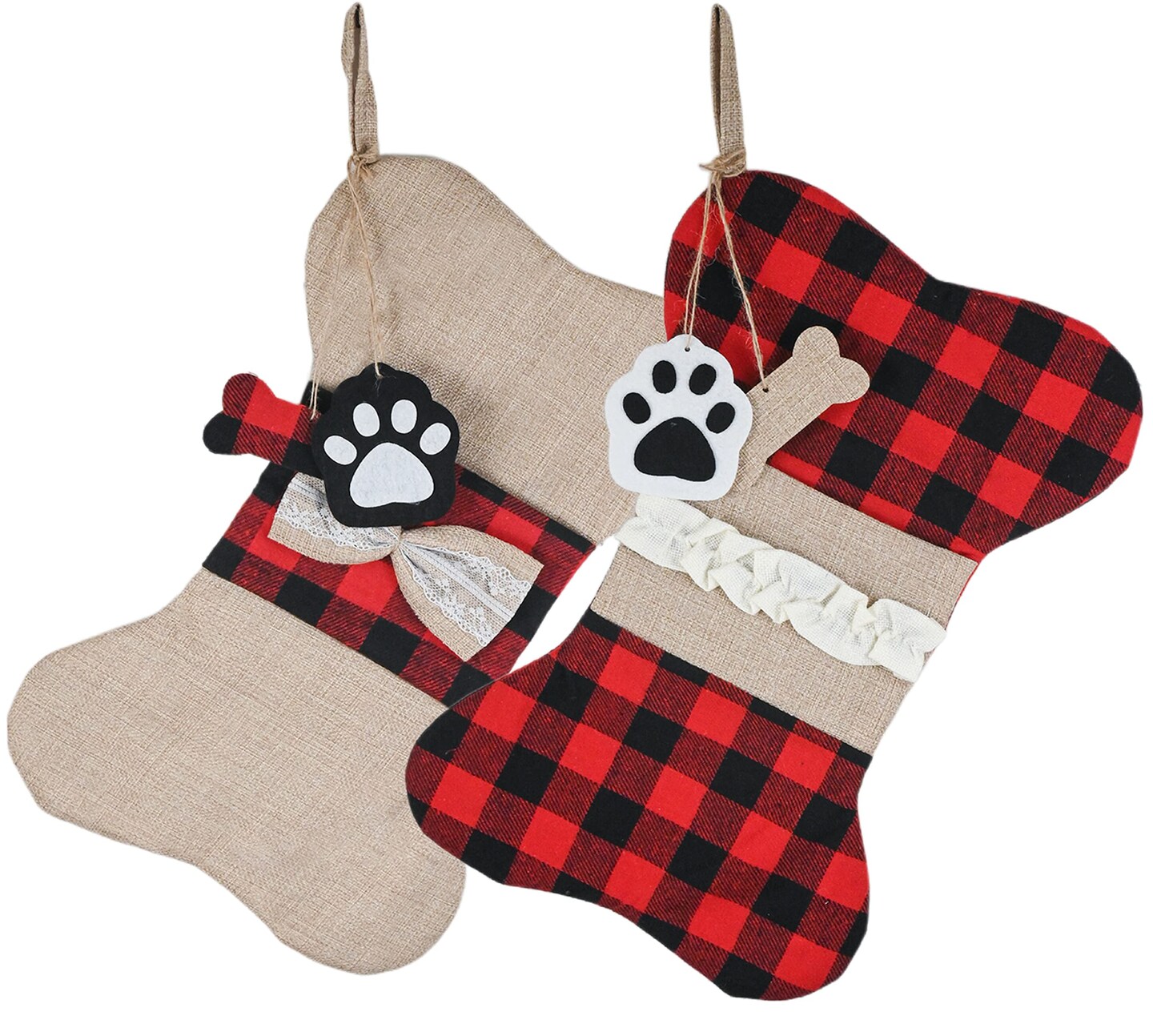 Ornativity Christmas Plaid Pet Stocking - Cute Buffalo Plaid Doggy Bone Paw Stockings for Puppy Dog Pets Set - Pack of 2