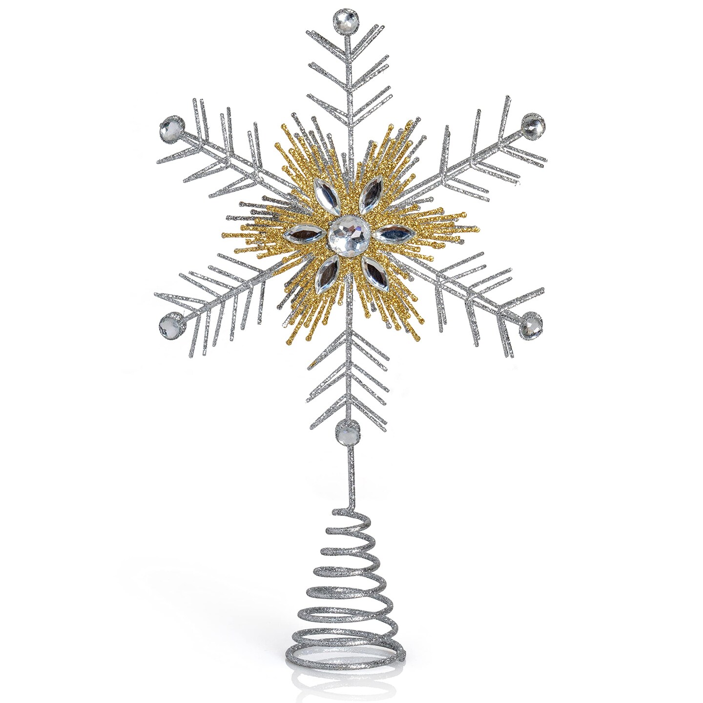 Ornativity Glitter Snowflake Tree Topper – Silver and Gold Bare Branches Styled Sparkling Gem Detailed Christmas Star Tree Top Ornament Decorations